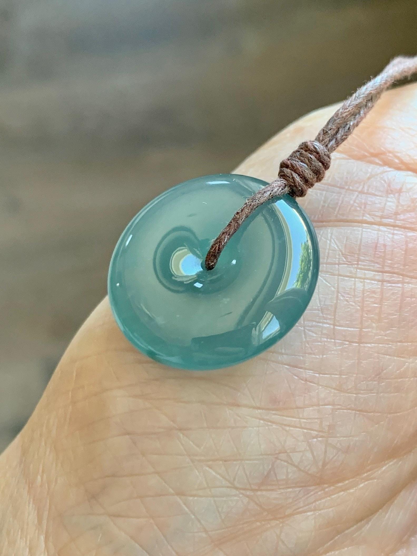 Natural Grade A Guatemalan Icy Highly Translucent Teal Jade Jadeite Ping An Kou Donut Pendant Rope Necklace 24" 6g 天然冰胶危蓝翡翠平安扣吊坠 WTB220