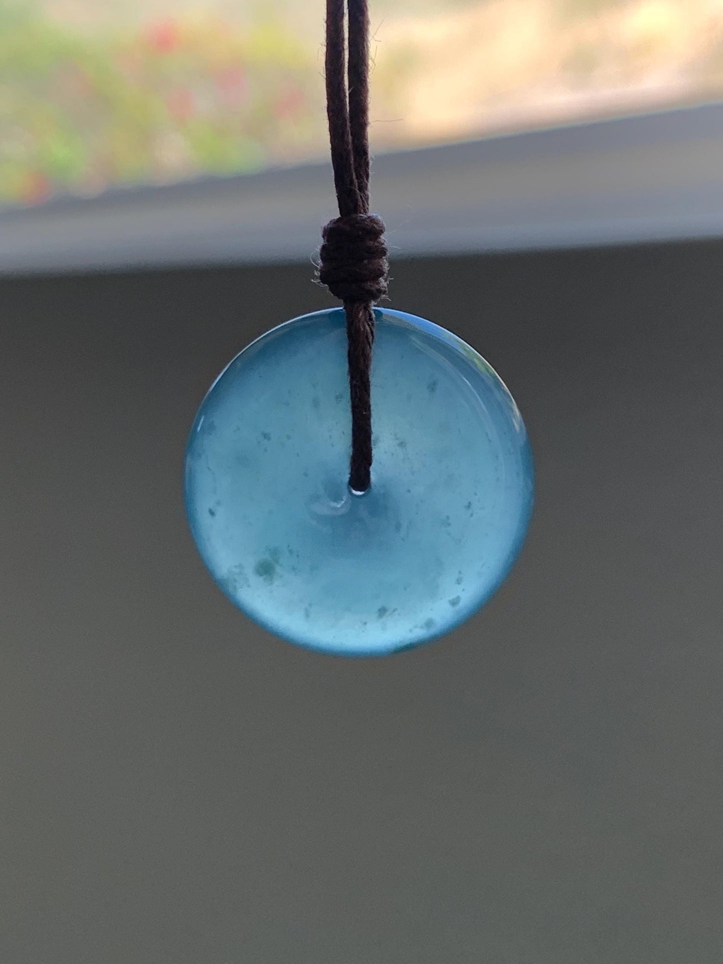 Natural Grade A Guatemalan Icy Highly Translucent Teal Jade Jadeite Ping An Kou Donut Pendant Rope Necklace 24" 6g 天然冰胶危蓝翡翠平安扣吊坠 WTB220