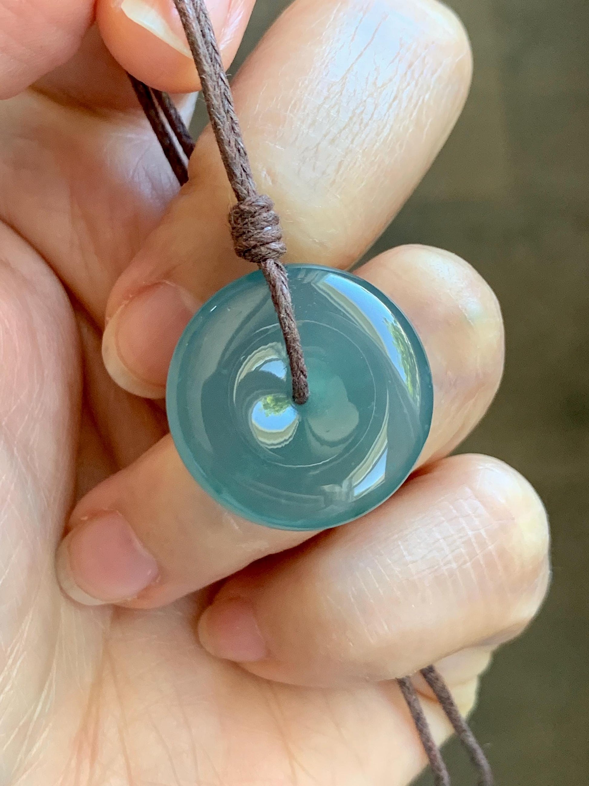 Natural Grade A Guatemalan Icy Highly Translucent Teal Jade Jadeite Ping An Kou Donut Pendant Rope Necklace 24" 6g 天然冰胶危蓝翡翠平安扣吊坠 WTB220