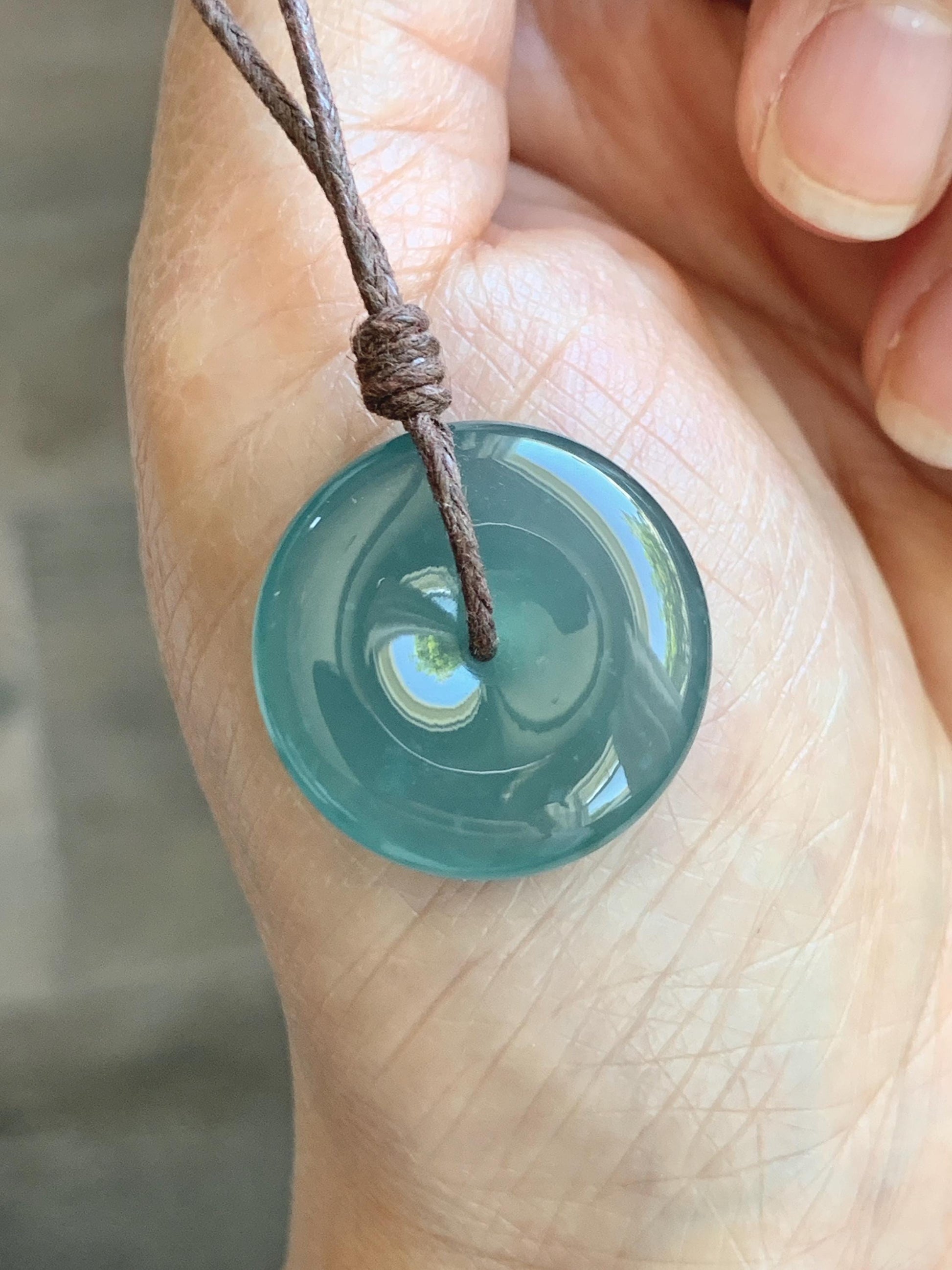 Natural Grade A Guatemalan Icy Highly Translucent Teal Jade Jadeite Ping An Kou Donut Pendant Rope Necklace 24" 6g 天然冰胶危蓝翡翠平安扣吊坠 WTB220