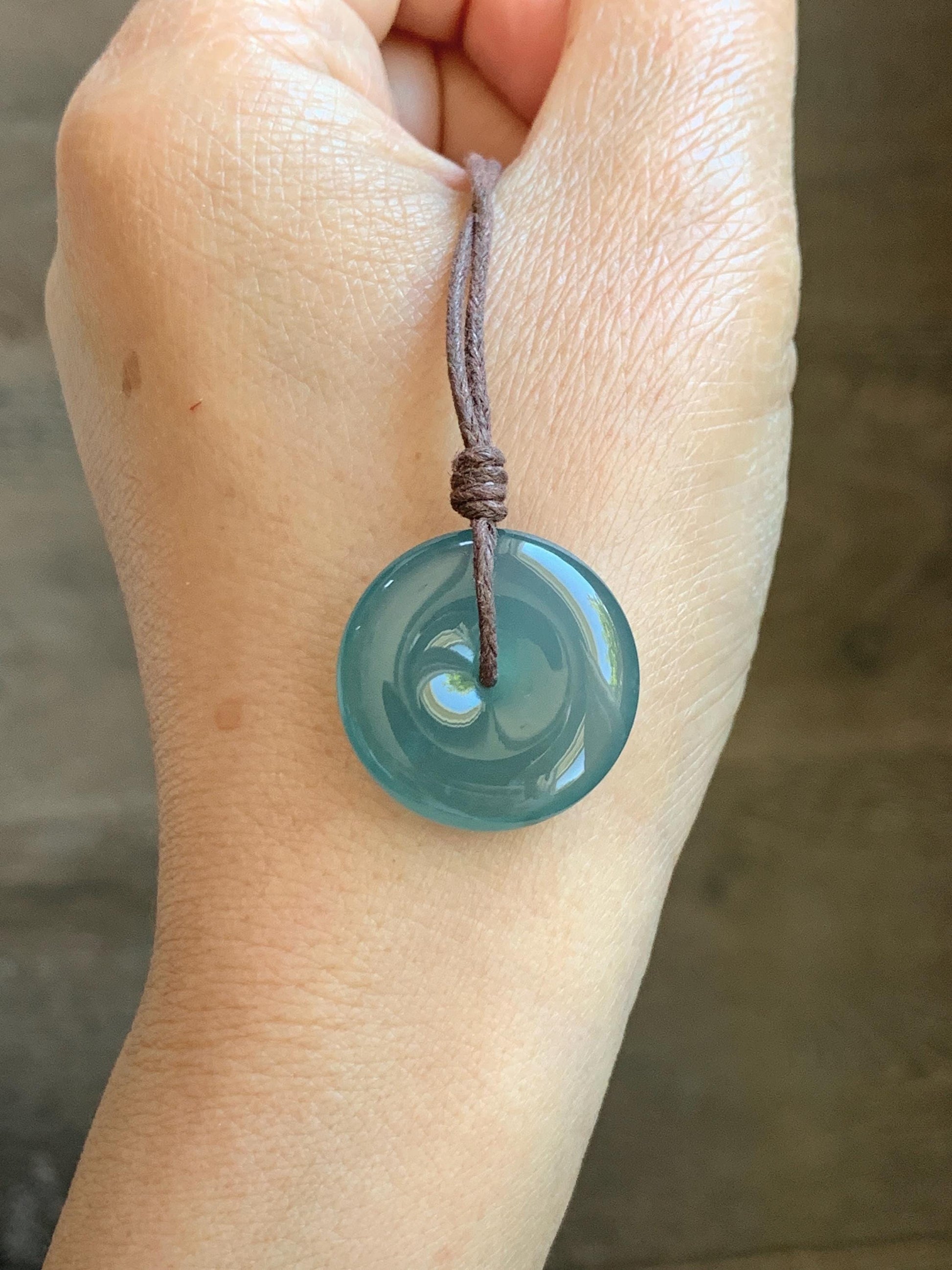 Natural Grade A Guatemalan Icy Highly Translucent Teal Jade Jadeite Ping An Kou Donut Pendant Rope Necklace 24" 6g 天然冰胶危蓝翡翠平安扣吊坠 WTB220
