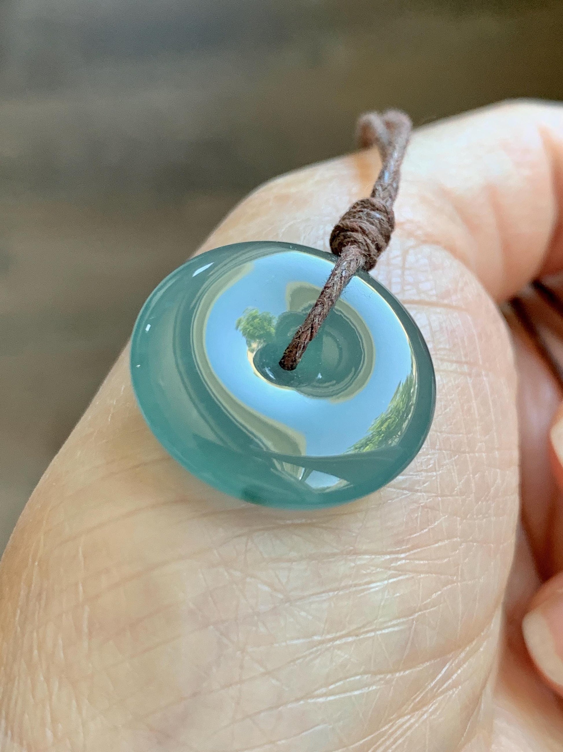 Natural Grade A Guatemalan Icy Highly Translucent Teal Jade Jadeite Ping An Kou Donut Pendant Rope Necklace 24" 6g 天然冰胶危蓝翡翠平安扣吊坠 WTB220