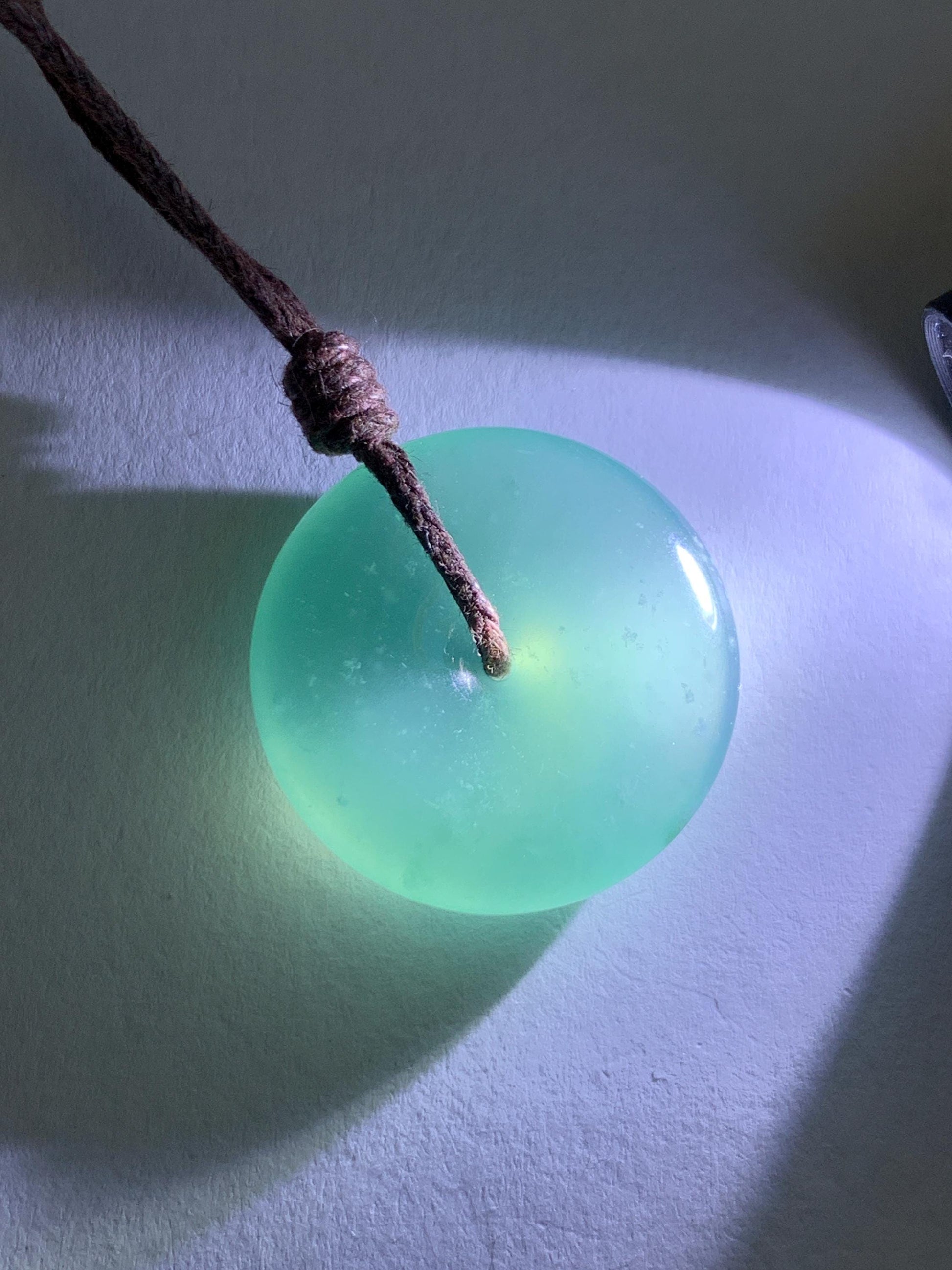 Natural Grade A Guatemalan Icy Highly Translucent Teal Jade Jadeite Ping An Kou Donut Pendant Rope Necklace 24" 6g 天然冰胶危蓝翡翠平安扣吊坠 WTB220