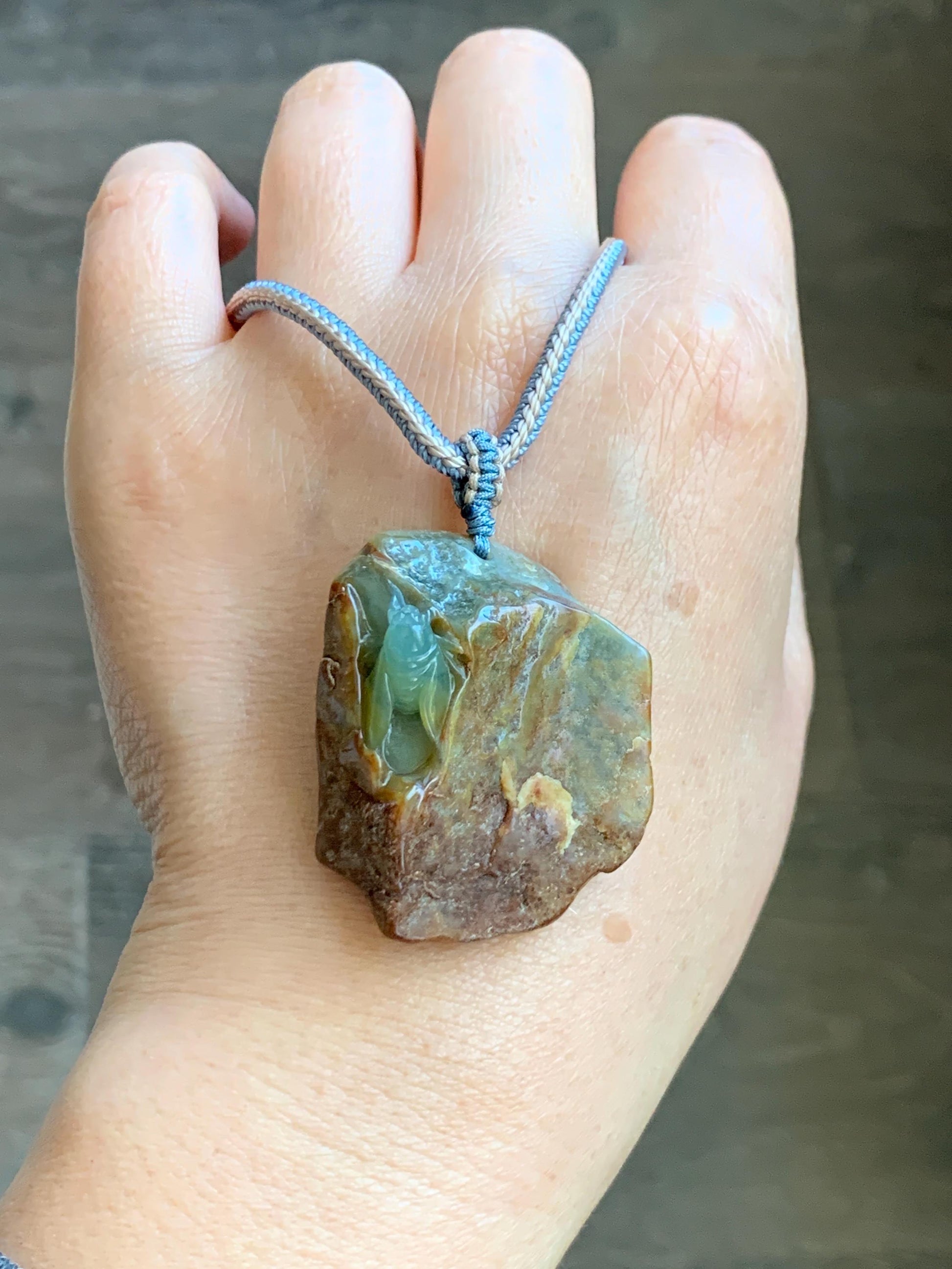 Natural Grade A Guatemalan Icy Light Blue Jade Jadeite w/ Brown Rind Carved Cicada Pendant Rope Necklace 27.5" 26g 天然危黄翡翠知了蝉皮壳料吊坠 WHP368D