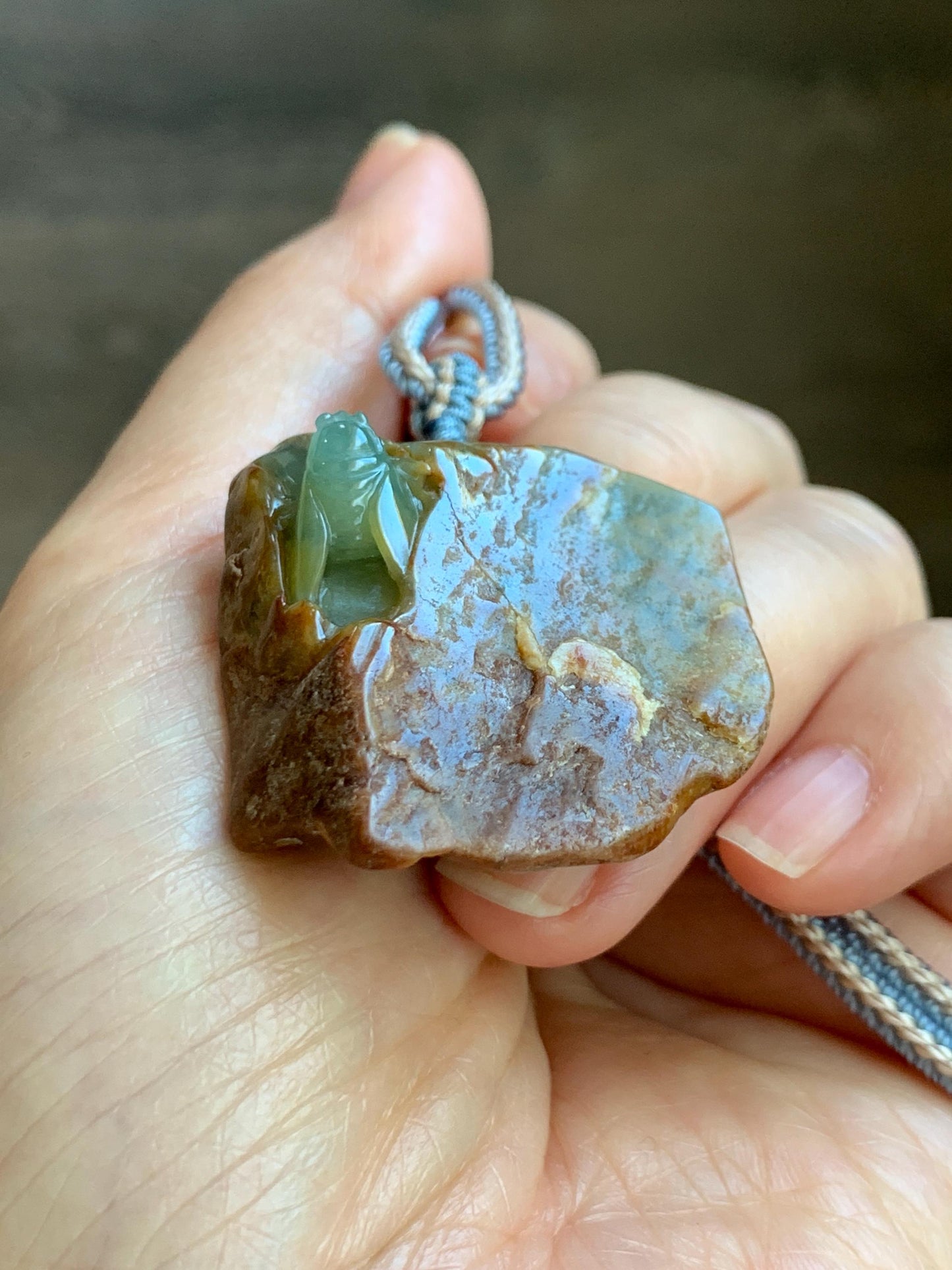 Natural Grade A Guatemalan Icy Light Blue Jade Jadeite w/ Brown Rind Carved Cicada Pendant Rope Necklace 27.5" 26g 天然危黄翡翠知了蝉皮壳料吊坠 WHP368D
