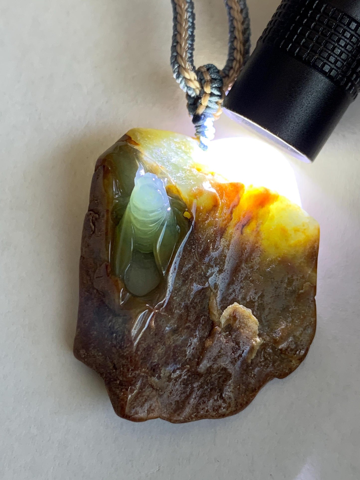 Natural Grade A Guatemalan Icy Light Blue Jade Jadeite w/ Brown Rind Carved Cicada Pendant Rope Necklace 27.5" 26g 天然危黄翡翠知了蝉皮壳料吊坠 WHP368D