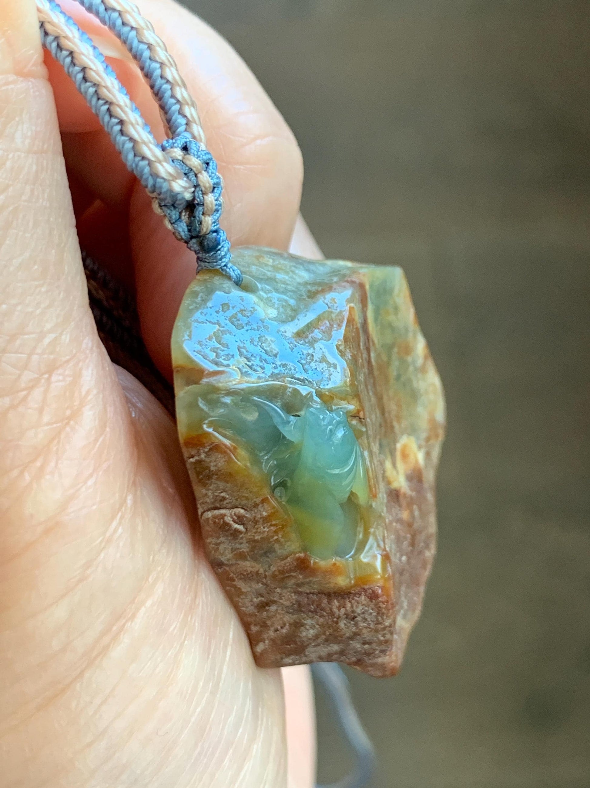 Natural Grade A Guatemalan Icy Light Blue Jade Jadeite w/ Brown Rind Carved Cicada Pendant Rope Necklace 27.5" 26g 天然危黄翡翠知了蝉皮壳料吊坠 WHP368D
