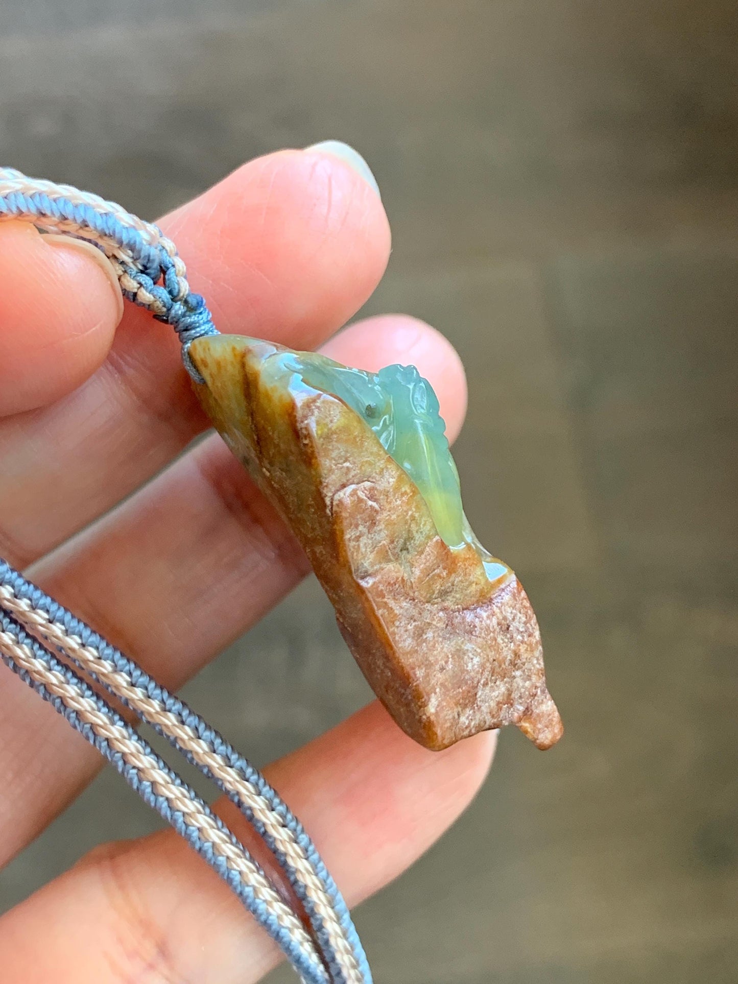 Natural Grade A Guatemalan Icy Light Blue Jade Jadeite w/ Brown Rind Carved Cicada Pendant Rope Necklace 27.5" 26g 天然危黄翡翠知了蝉皮壳料吊坠 WHP368D