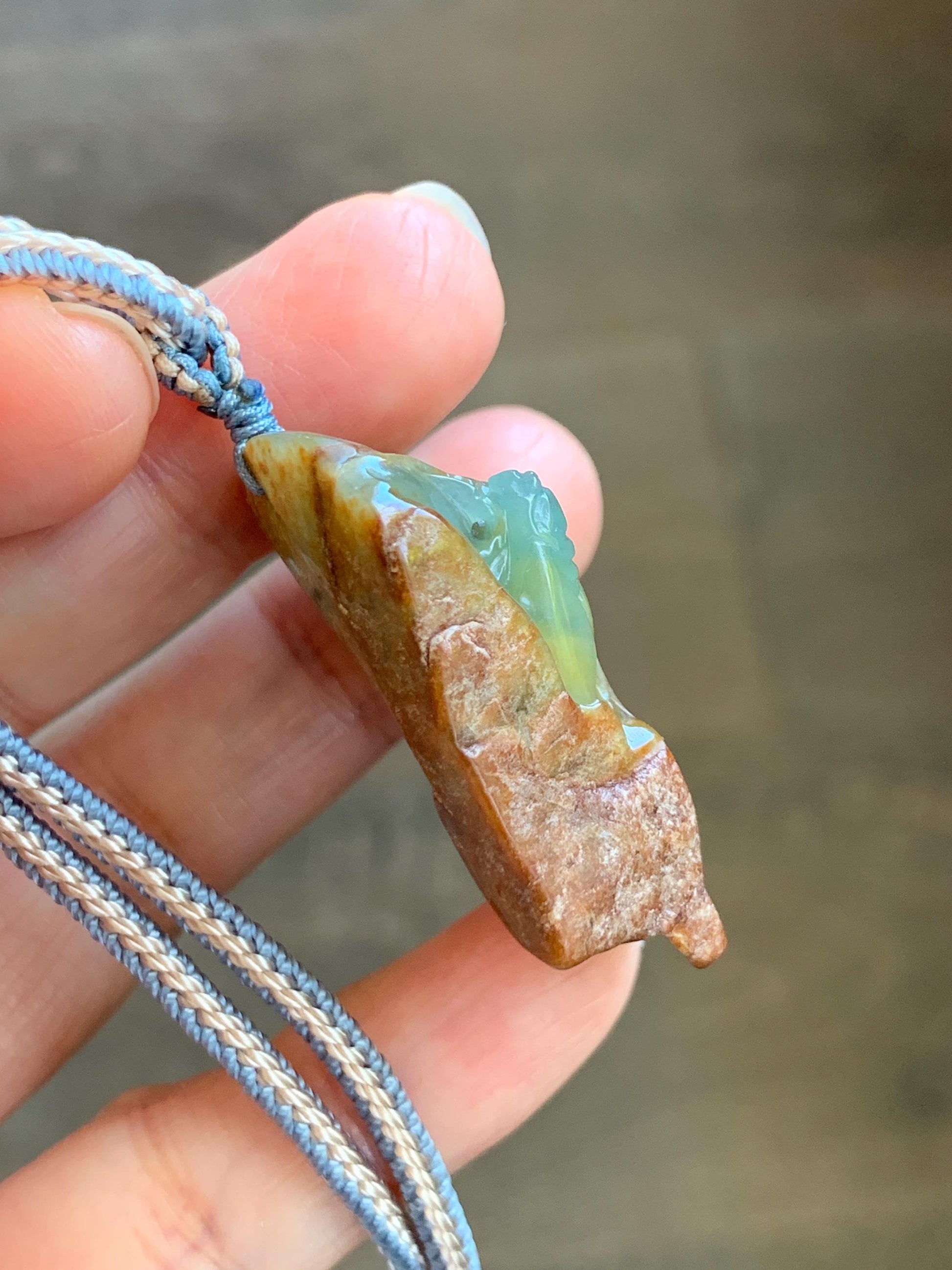 Natural Grade A Guatemalan Icy Light Blue Jade Jadeite w/ Brown Rind Carved Cicada Pendant Rope Necklace 27.5" 26g 天然危黄翡翠知了蝉皮壳料吊坠 WHP368D