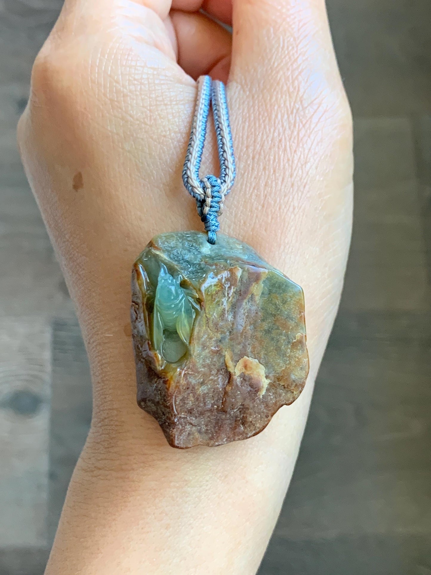 Natural Grade A Guatemalan Icy Light Blue Jade Jadeite w/ Brown Rind Carved Cicada Pendant Rope Necklace 27.5" 26g 天然危黄翡翠知了蝉皮壳料吊坠 WHP368D
