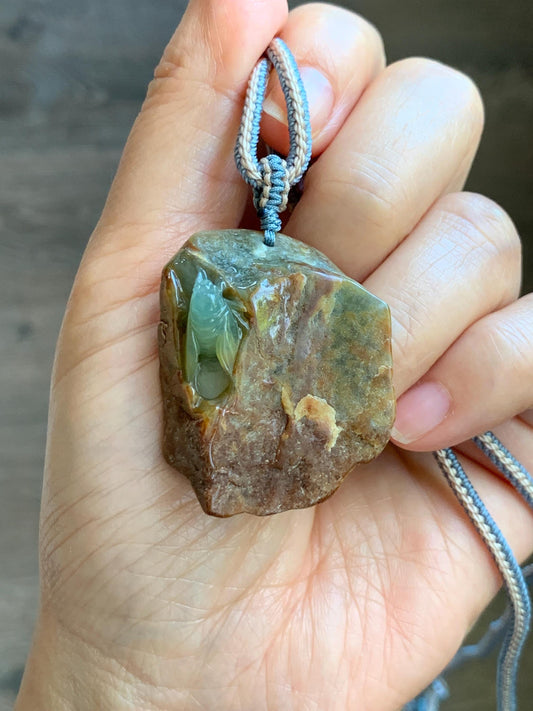 Natural Grade A Guatemalan Icy Light Blue Jade Jadeite w/ Brown Rind Carved Cicada Pendant Rope Necklace 27.5" 26g 天然危黄翡翠知了蝉皮壳料吊坠 WHP368D