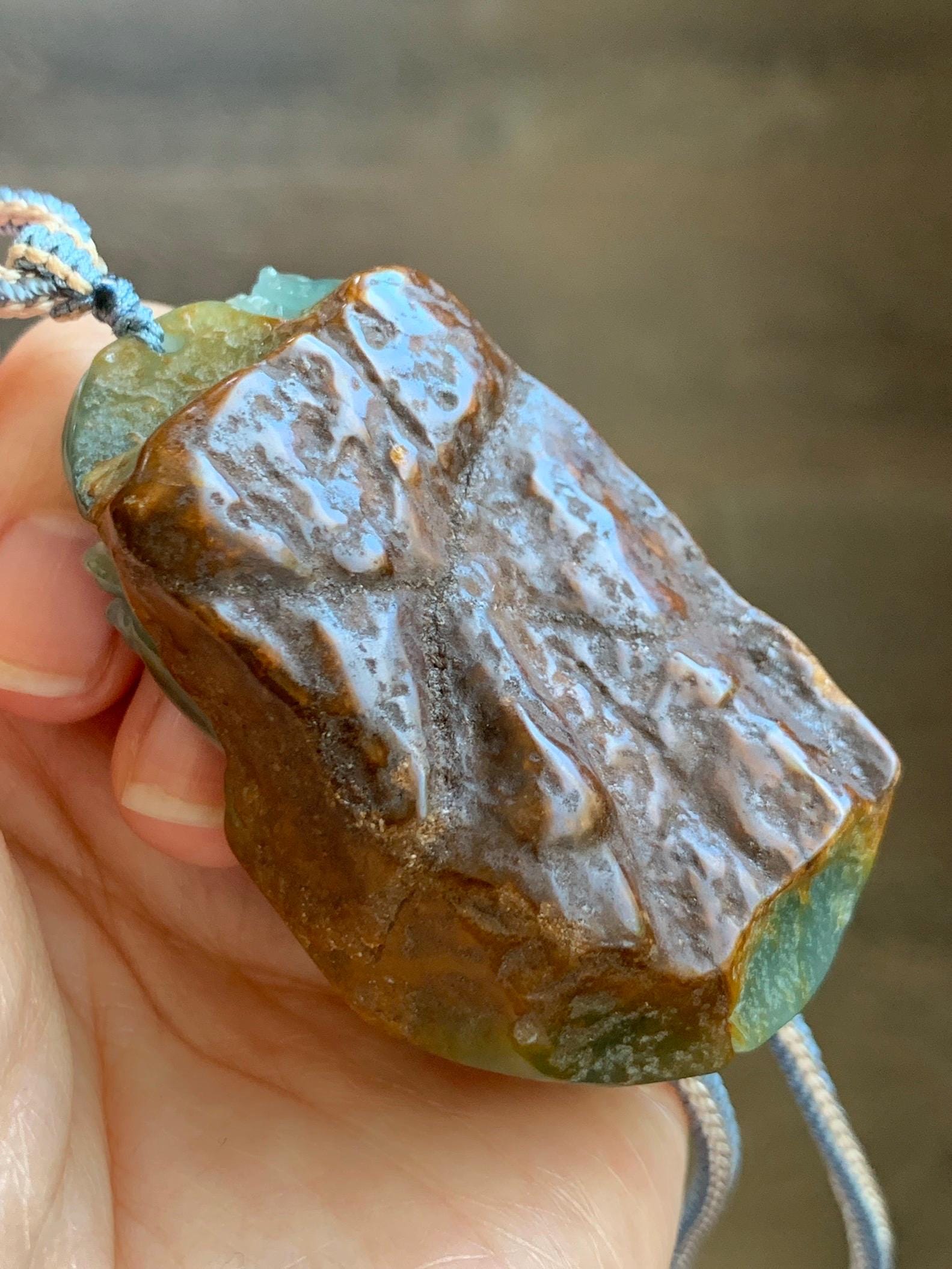Large Natural Grade A Guatemalan Icy Dusty Blue Jade Jadeite w/ Brown Rind Carved Cicada Pendant Rope Necklace 27" 62 天然危黄翡翠知了蝉皮壳料吊坠 WHP368C