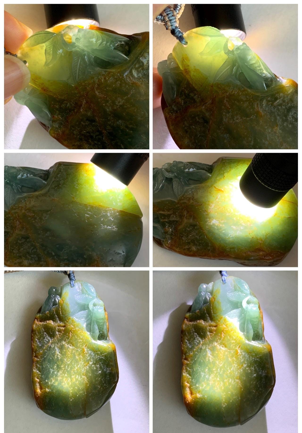 Large Natural Grade A Guatemalan Icy Dusty Blue Jade Jadeite w/ Brown Rind Carved Cicada Pendant Rope Necklace 27" 62 天然危黄翡翠知了蝉皮壳料吊坠 WHP368C