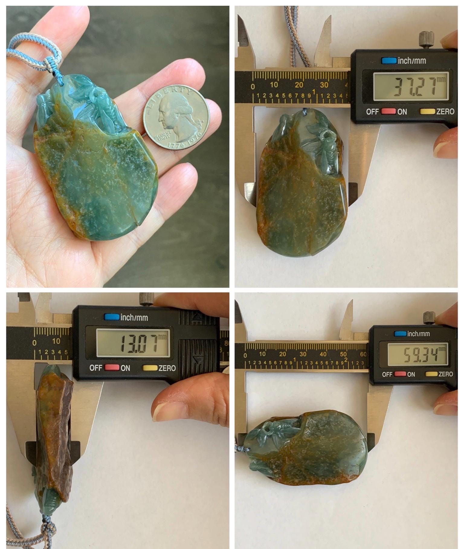 Large Natural Grade A Guatemalan Icy Dusty Blue Jade Jadeite w/ Brown Rind Carved Cicada Pendant Rope Necklace 27" 62 天然危黄翡翠知了蝉皮壳料吊坠 WHP368C