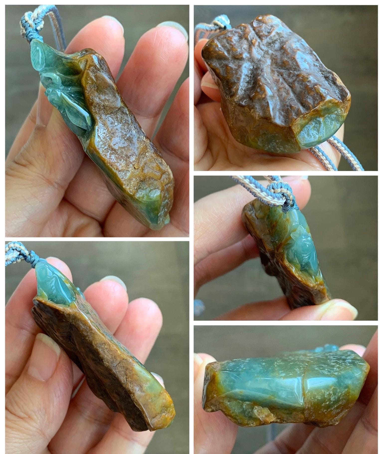 Large Natural Grade A Guatemalan Icy Dusty Blue Jade Jadeite w/ Brown Rind Carved Cicada Pendant Rope Necklace 27" 62 天然危黄翡翠知了蝉皮壳料吊坠 WHP368C