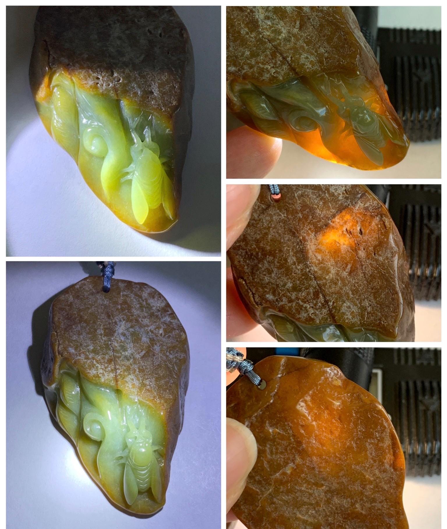 Natural Grade A Guatemalan Yellow Jade Jadeite w/ Brown Rind Carved Cicada Teardrop Pendant Rope Necklace 27" 33g 天然危黄翡翠知了蝉皮壳料吊坠 WHP368B