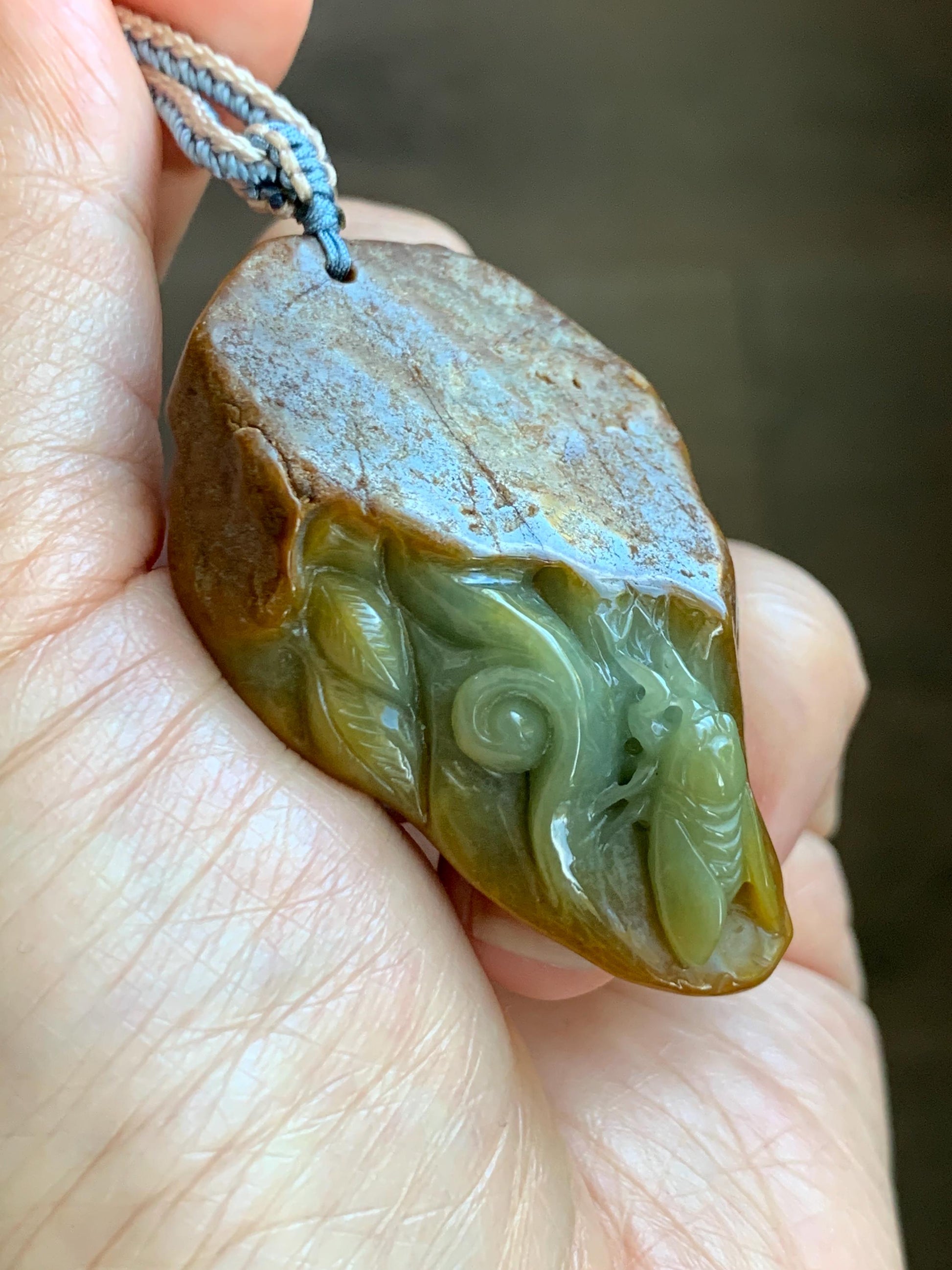 Natural Grade A Guatemalan Yellow Jade Jadeite w/ Brown Rind Carved Cicada Teardrop Pendant Rope Necklace 27" 33g 天然危黄翡翠知了蝉皮壳料吊坠 WHP368B