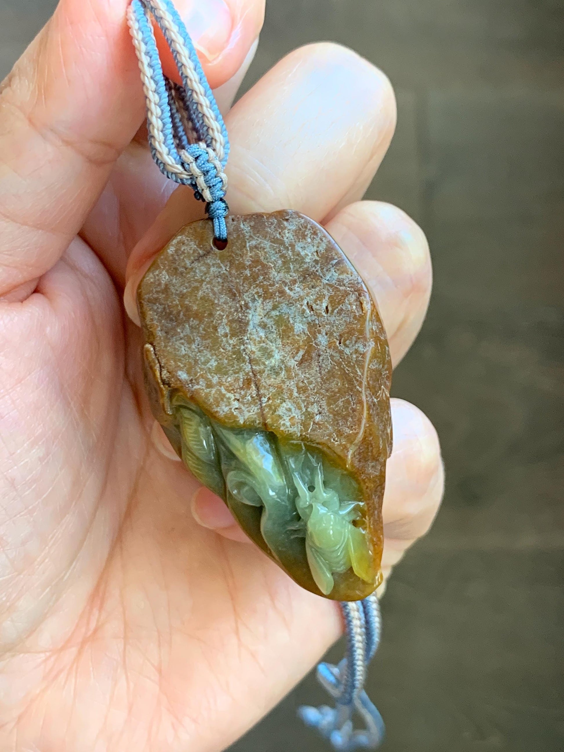 Natural Grade A Guatemalan Yellow Jade Jadeite w/ Brown Rind Carved Cicada Teardrop Pendant Rope Necklace 27" 33g 天然危黄翡翠知了蝉皮壳料吊坠 WHP368B