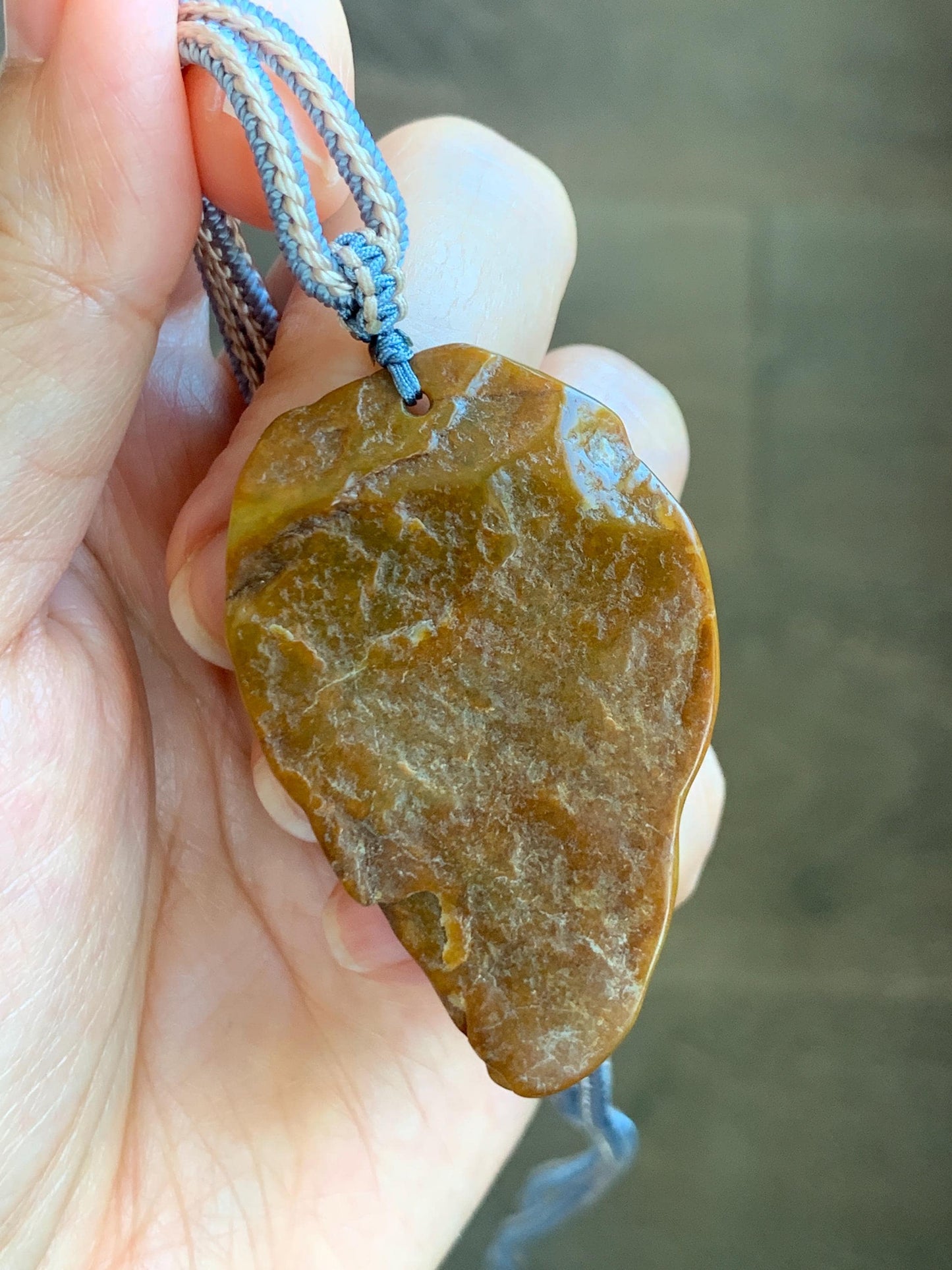 Natural Grade A Guatemalan Yellow Jade Jadeite w/ Brown Rind Carved Cicada Teardrop Pendant Rope Necklace 27" 33g 天然危黄翡翠知了蝉皮壳料吊坠 WHP368B