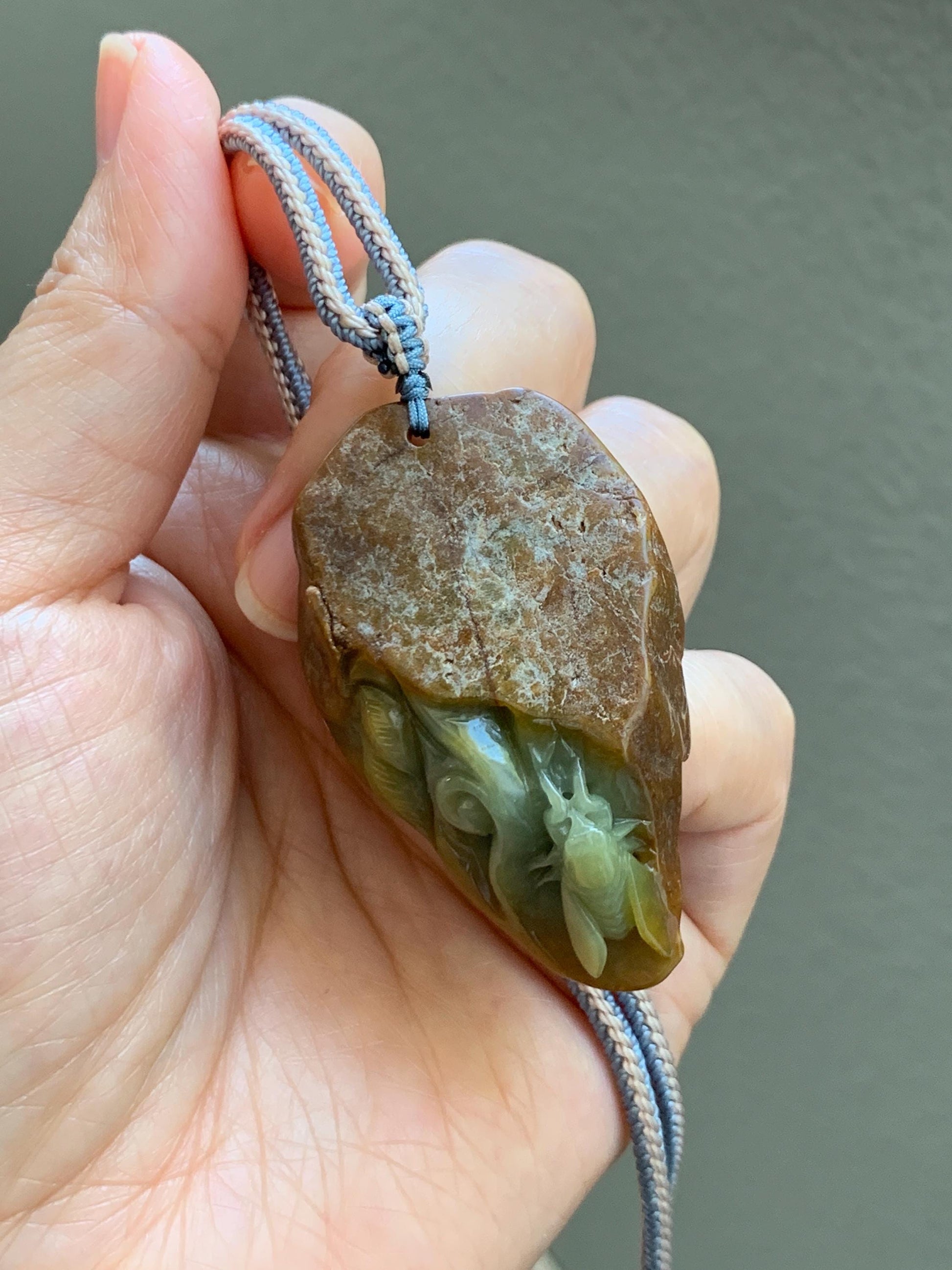 Natural Grade A Guatemalan Yellow Jade Jadeite w/ Brown Rind Carved Cicada Teardrop Pendant Rope Necklace 27" 33g 天然危黄翡翠知了蝉皮壳料吊坠 WHP368B