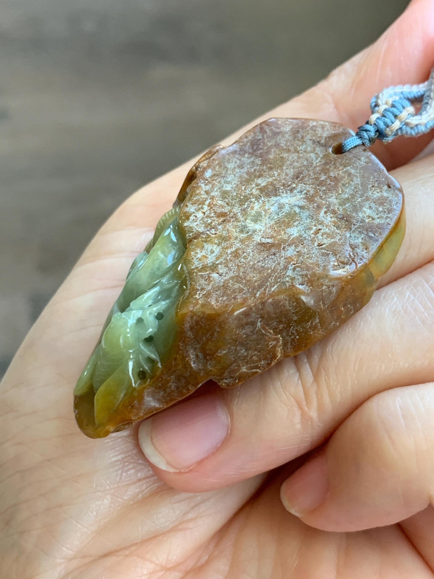 Natural Grade A Guatemalan Yellow Jade Jadeite w/ Brown Rind Carved Cicada Teardrop Pendant Rope Necklace 27" 33g 天然危黄翡翠知了蝉皮壳料吊坠 WHP368B