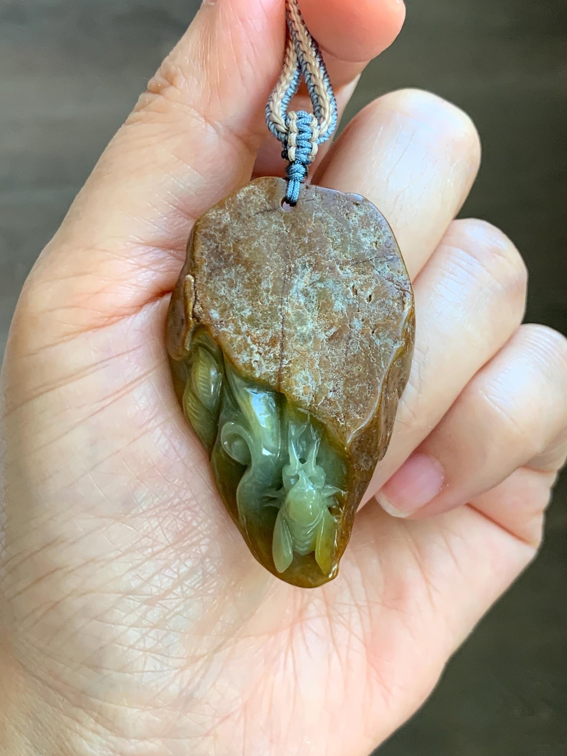 Natural Grade A Guatemalan Yellow Jade Jadeite w/ Brown Rind Carved Cicada Teardrop Pendant Rope Necklace 27" 33g 天然危黄翡翠知了蝉皮壳料吊坠 WHP368B