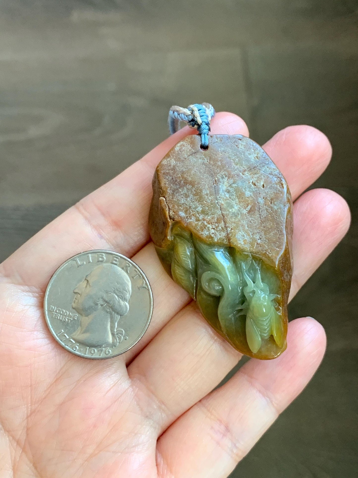 Natural Grade A Guatemalan Yellow Jade Jadeite w/ Brown Rind Carved Cicada Teardrop Pendant Rope Necklace 27" 33g 天然危黄翡翠知了蝉皮壳料吊坠 WHP368B