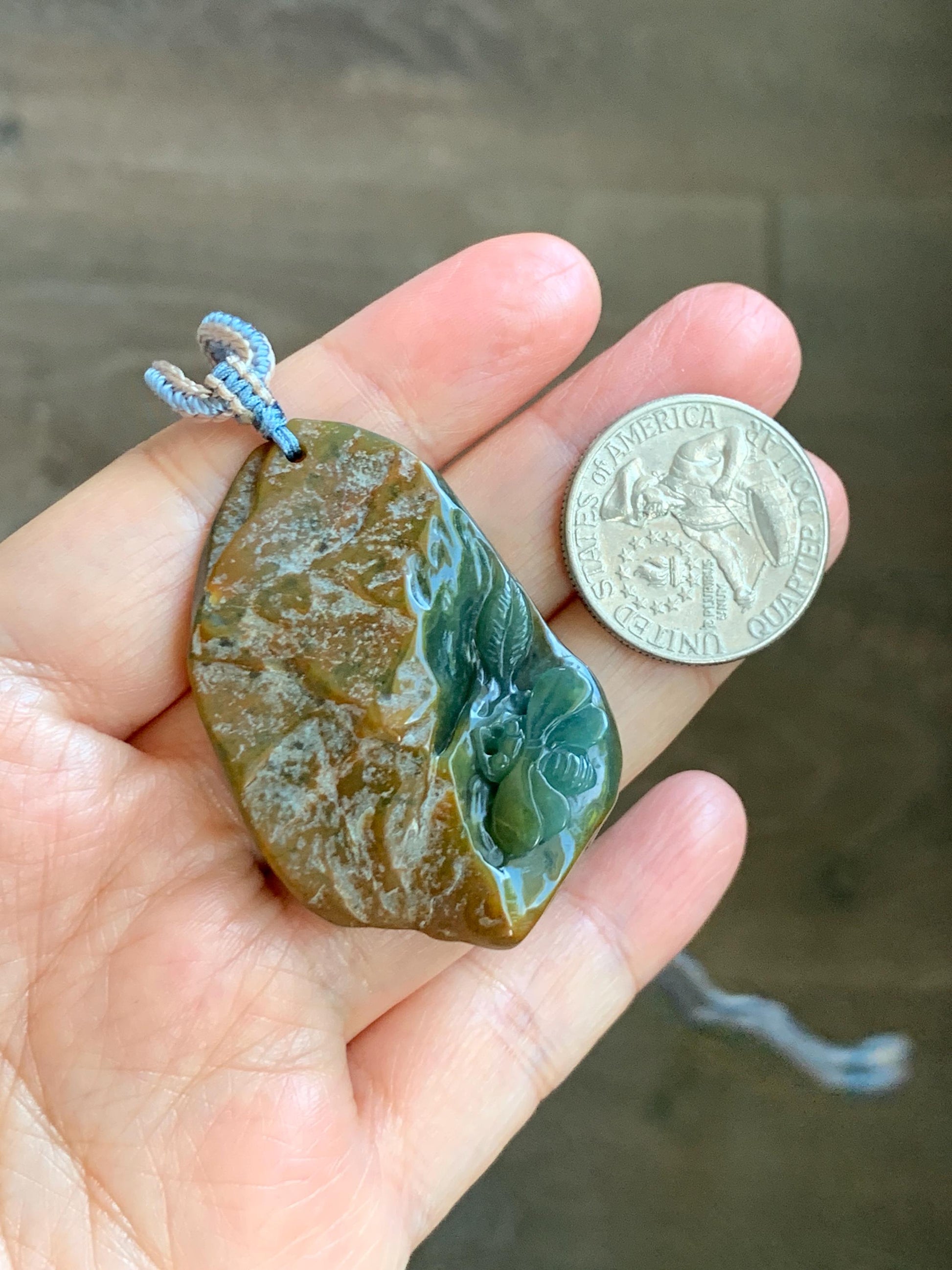 Natural Grade A Guatemalan Icy Dark Blue Jade Jadeite w/ Brown Rind Carved Honey Bee Pendant Rope Necklace 27" 22g 天然危黄翡翠蜜蜂皮壳料吊坠 WHP368A