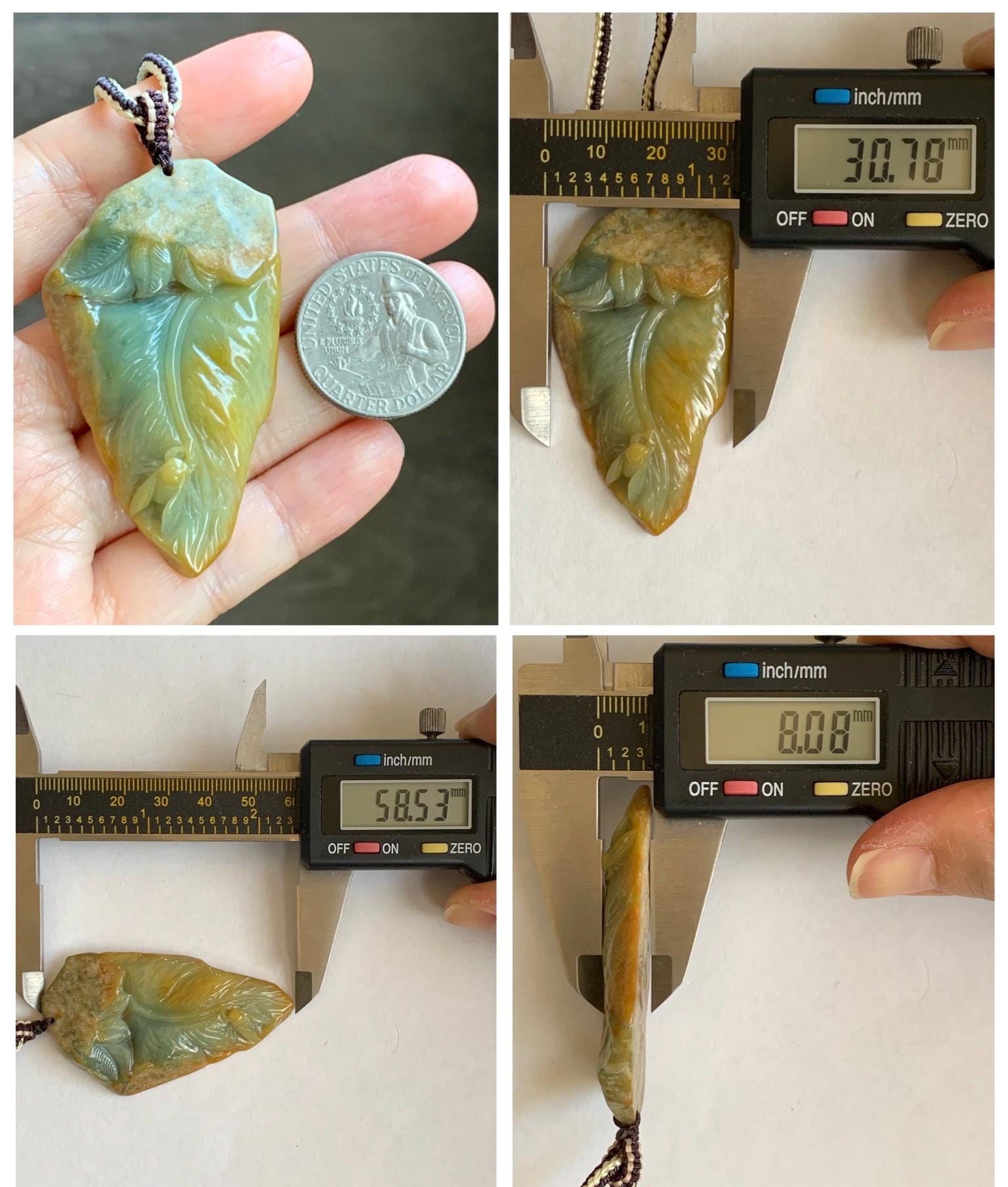 Natural Grade A Guatemalan Yellow & Blue Jade Jadeite w/ Brown Rind Carved Cicada Teardrop Pendant Rope Necklace 27" 天然危黄蓝翡翠知了蝉皮壳料吊坠 WHC108