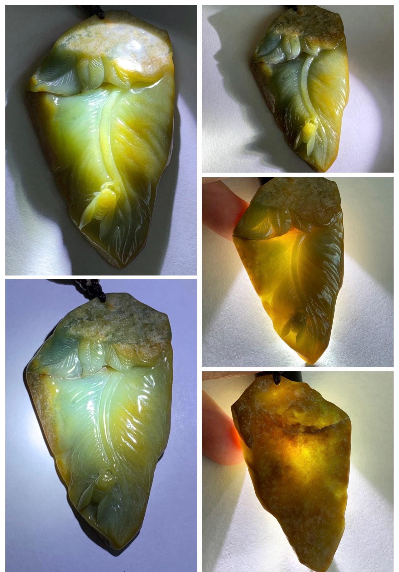 Natural Grade A Guatemalan Yellow & Blue Jade Jadeite w/ Brown Rind Carved Cicada Teardrop Pendant Rope Necklace 27" 天然危黄蓝翡翠知了蝉皮壳料吊坠 WHC108