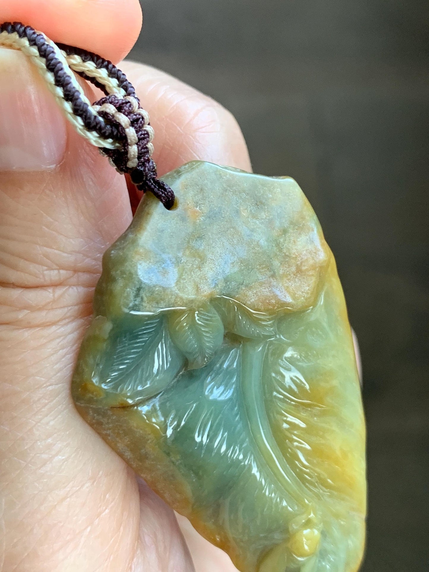 Natural Grade A Guatemalan Yellow & Blue Jade Jadeite w/ Brown Rind Carved Cicada Teardrop Pendant Rope Necklace 27" 天然危黄蓝翡翠知了蝉皮壳料吊坠 WHC108