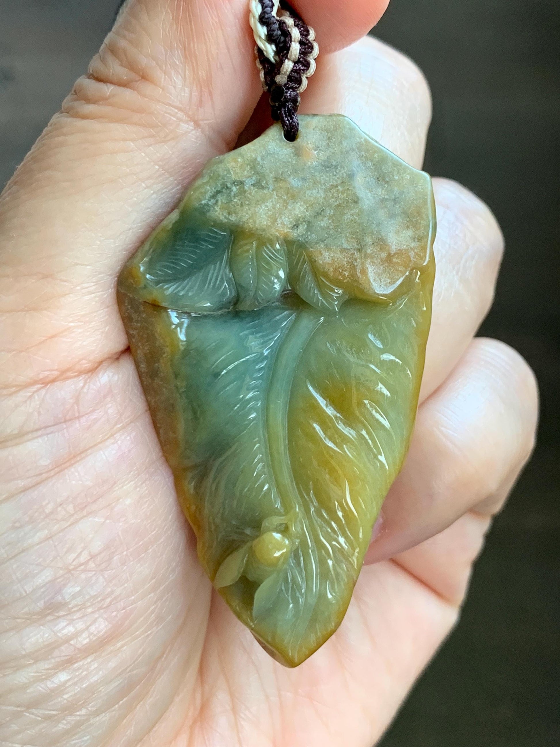 Natural Grade A Guatemalan Yellow & Blue Jade Jadeite w/ Brown Rind Carved Cicada Teardrop Pendant Rope Necklace 27" 天然危黄蓝翡翠知了蝉皮壳料吊坠 WHC108