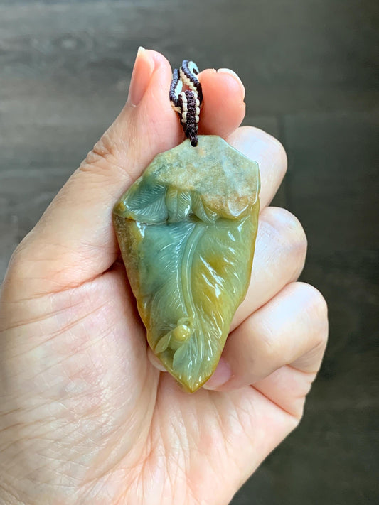 Natural Grade A Guatemalan Yellow & Blue Jade Jadeite w/ Brown Rind Carved Cicada Teardrop Pendant Rope Necklace 27" 天然危黄蓝翡翠知了蝉皮壳料吊坠 WHC108