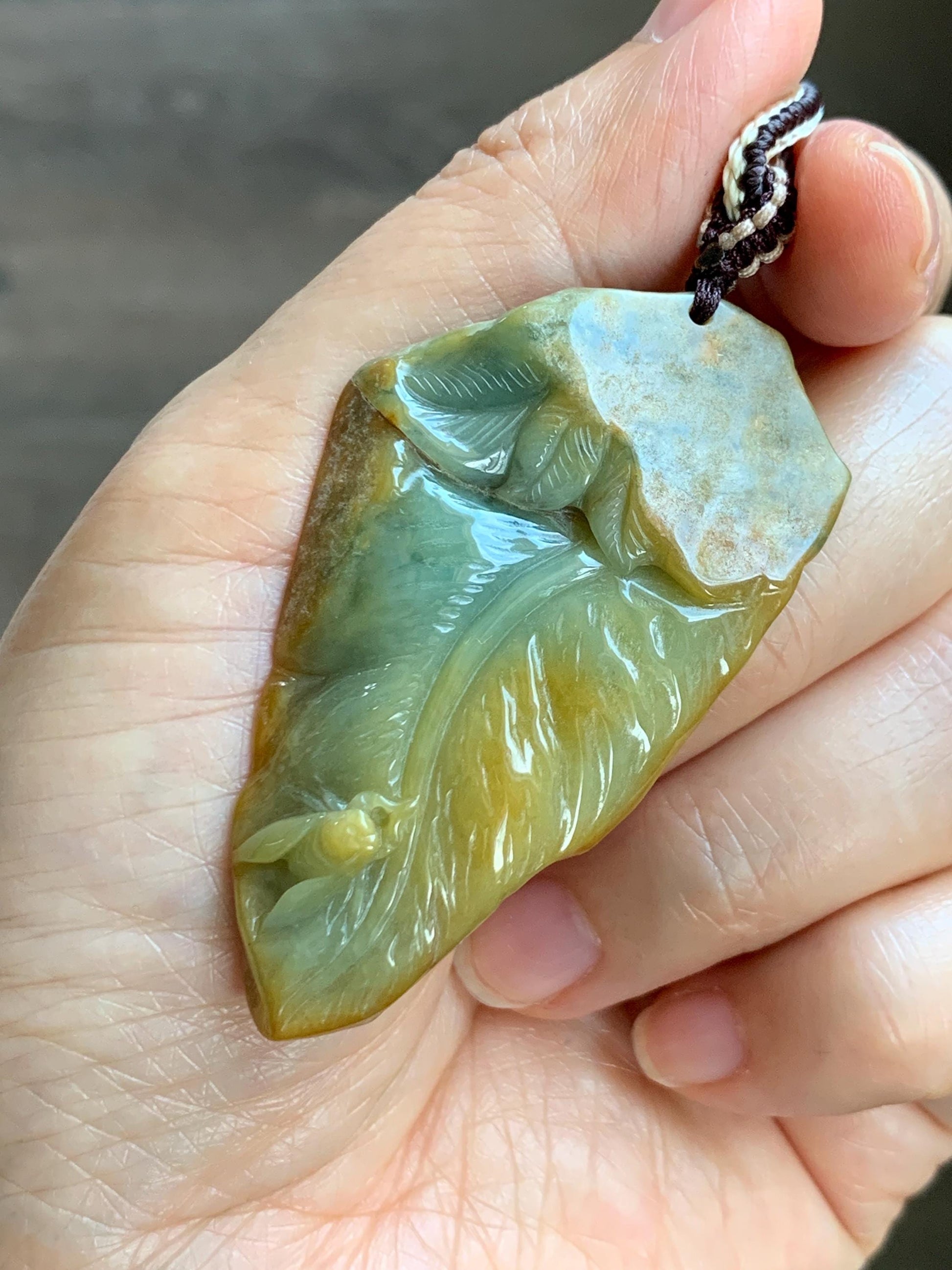 Natural Grade A Guatemalan Yellow & Blue Jade Jadeite w/ Brown Rind Carved Cicada Teardrop Pendant Rope Necklace 27" 天然危黄蓝翡翠知了蝉皮壳料吊坠 WHC108
