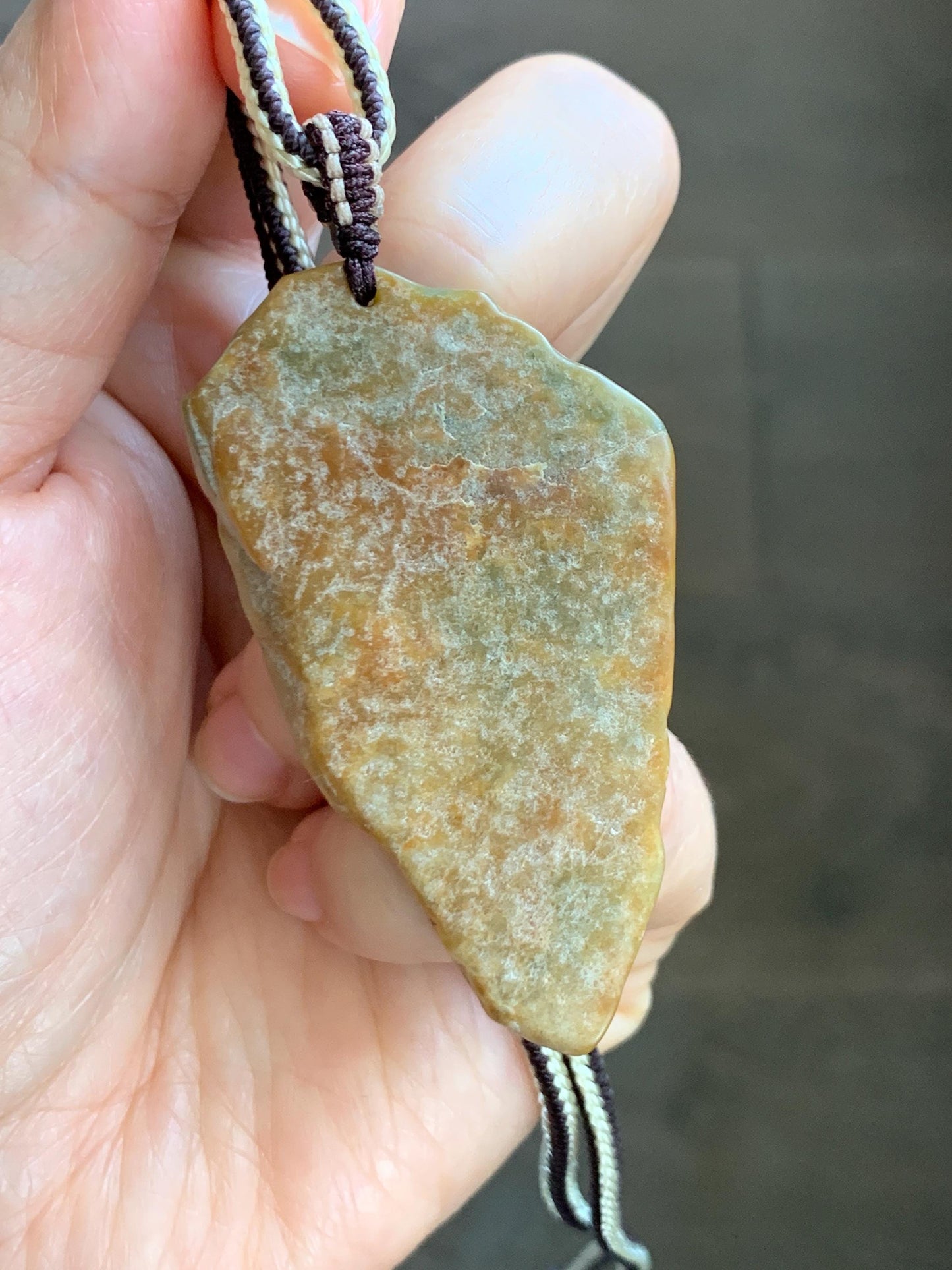 Natural Grade A Guatemalan Yellow & Blue Jade Jadeite w/ Brown Rind Carved Cicada Teardrop Pendant Rope Necklace 27" 天然危黄蓝翡翠知了蝉皮壳料吊坠 WHC108