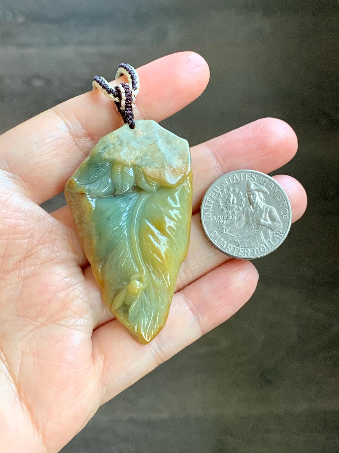 Natural Grade A Guatemalan Yellow & Blue Jade Jadeite w/ Brown Rind Carved Cicada Teardrop Pendant Rope Necklace 27" 天然危黄蓝翡翠知了蝉皮壳料吊坠 WHC108
