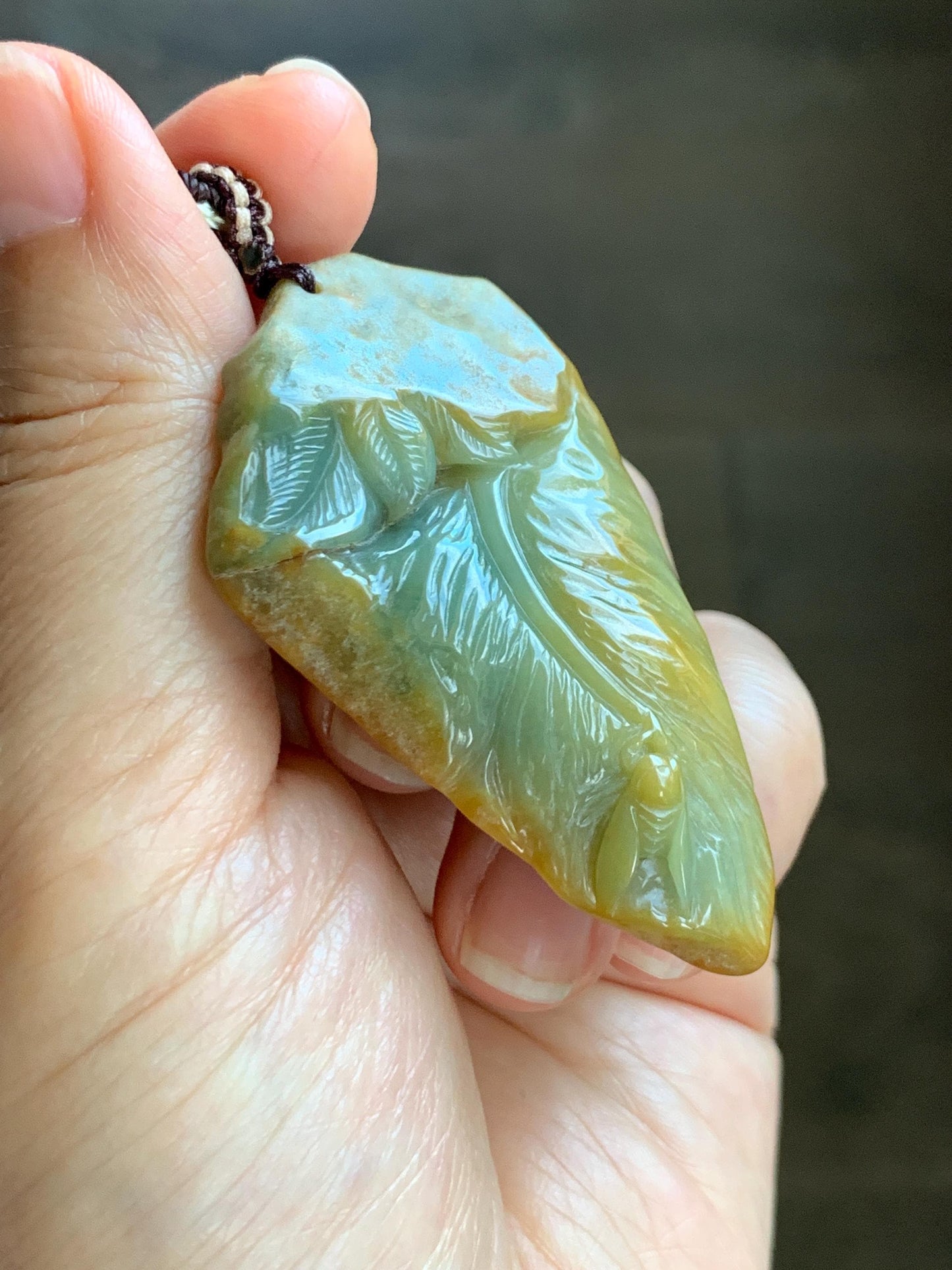 Natural Grade A Guatemalan Yellow & Blue Jade Jadeite w/ Brown Rind Carved Cicada Teardrop Pendant Rope Necklace 27" 天然危黄蓝翡翠知了蝉皮壳料吊坠 WHC108