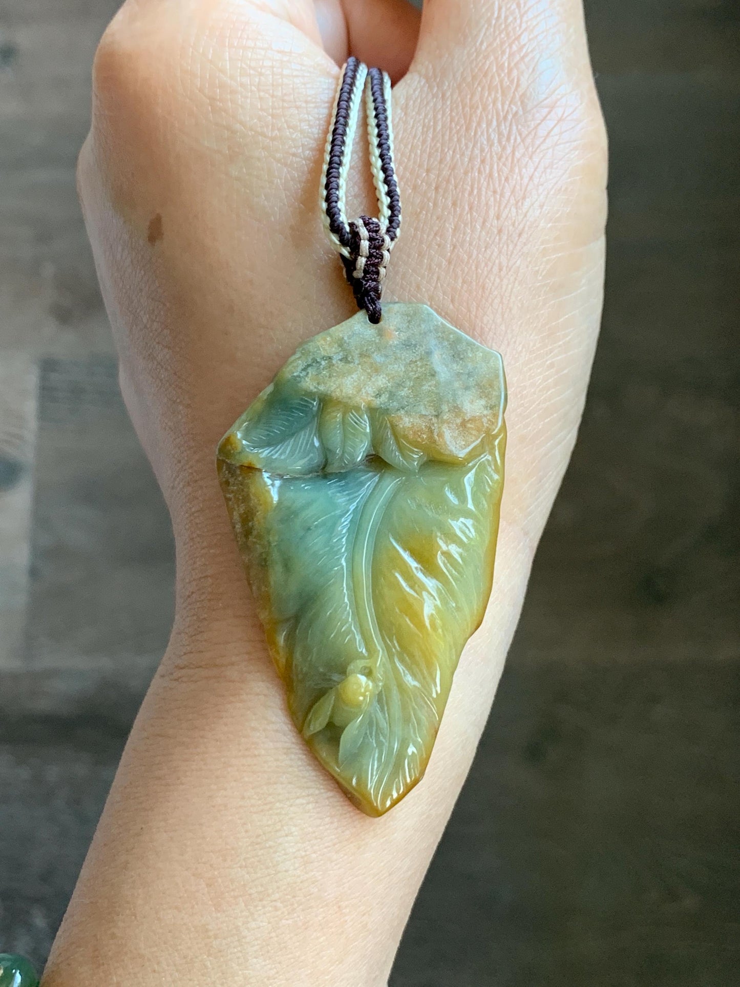 Natural Grade A Guatemalan Yellow & Blue Jade Jadeite w/ Brown Rind Carved Cicada Teardrop Pendant Rope Necklace 27" 天然危黄蓝翡翠知了蝉皮壳料吊坠 WHC108