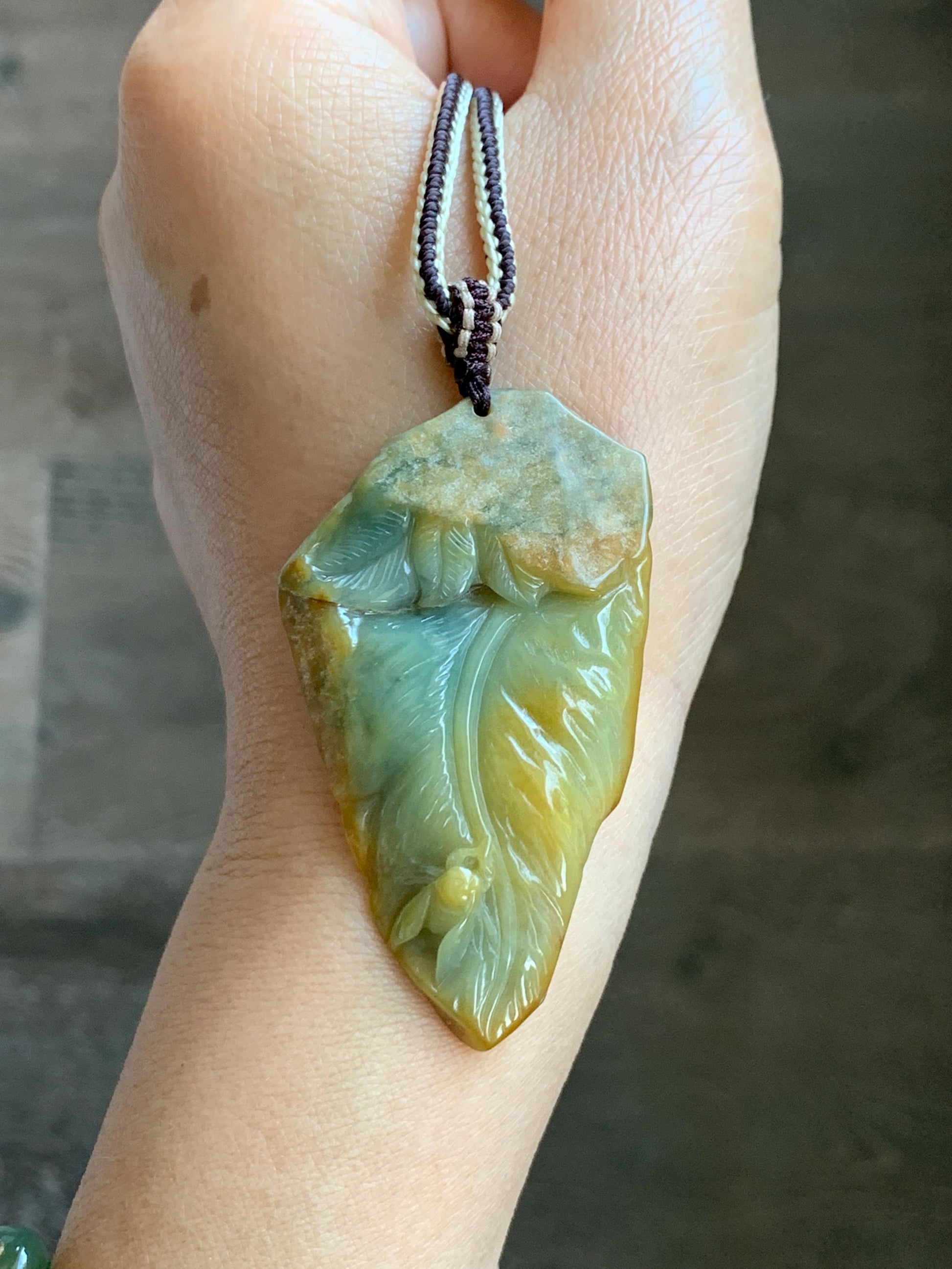 Natural Grade A Guatemalan Yellow & Blue Jade Jadeite w/ Brown Rind Carved Cicada Teardrop Pendant Rope Necklace 27" 天然危黄蓝翡翠知了蝉皮壳料吊坠 WHC108