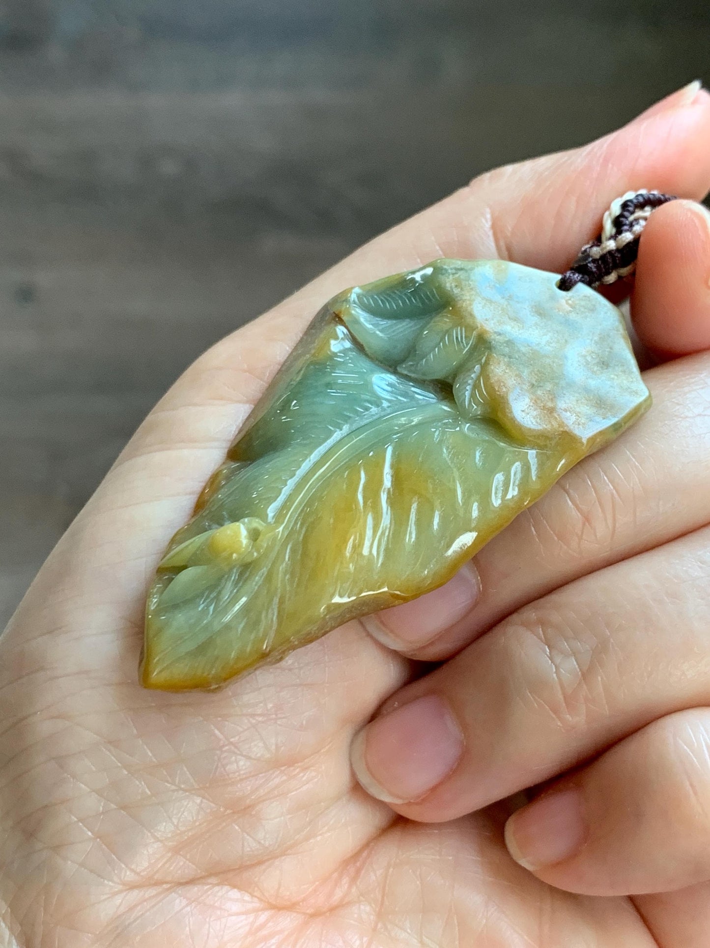 Natural Grade A Guatemalan Yellow & Blue Jade Jadeite w/ Brown Rind Carved Cicada Teardrop Pendant Rope Necklace 27" 天然危黄蓝翡翠知了蝉皮壳料吊坠 WHC108