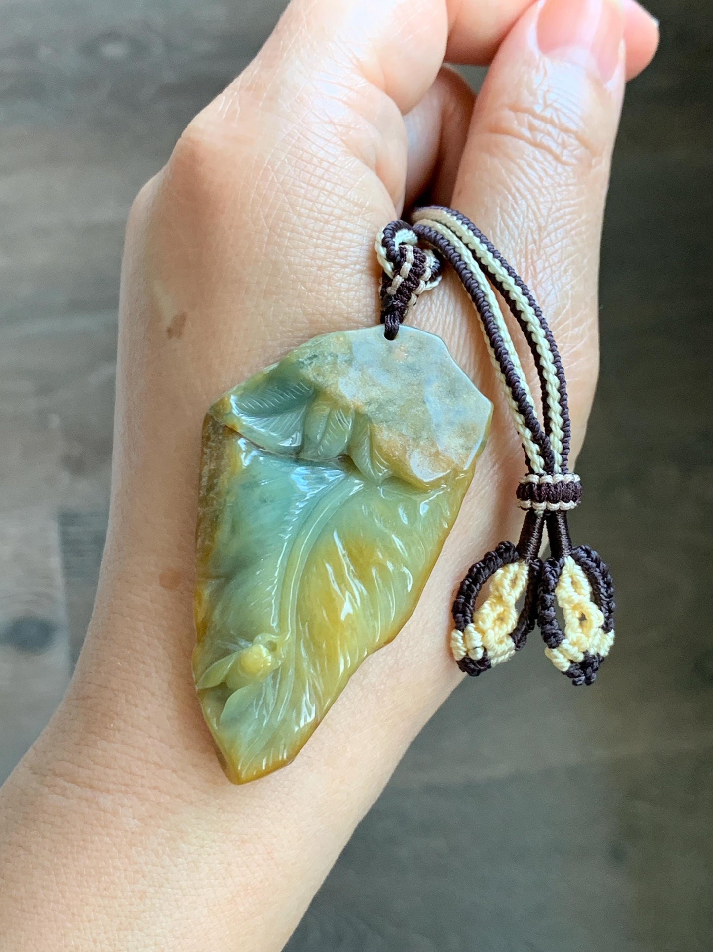 Natural Grade A Guatemalan Yellow & Blue Jade Jadeite w/ Brown Rind Carved Cicada Teardrop Pendant Rope Necklace 27" 天然危黄蓝翡翠知了蝉皮壳料吊坠 WHC108