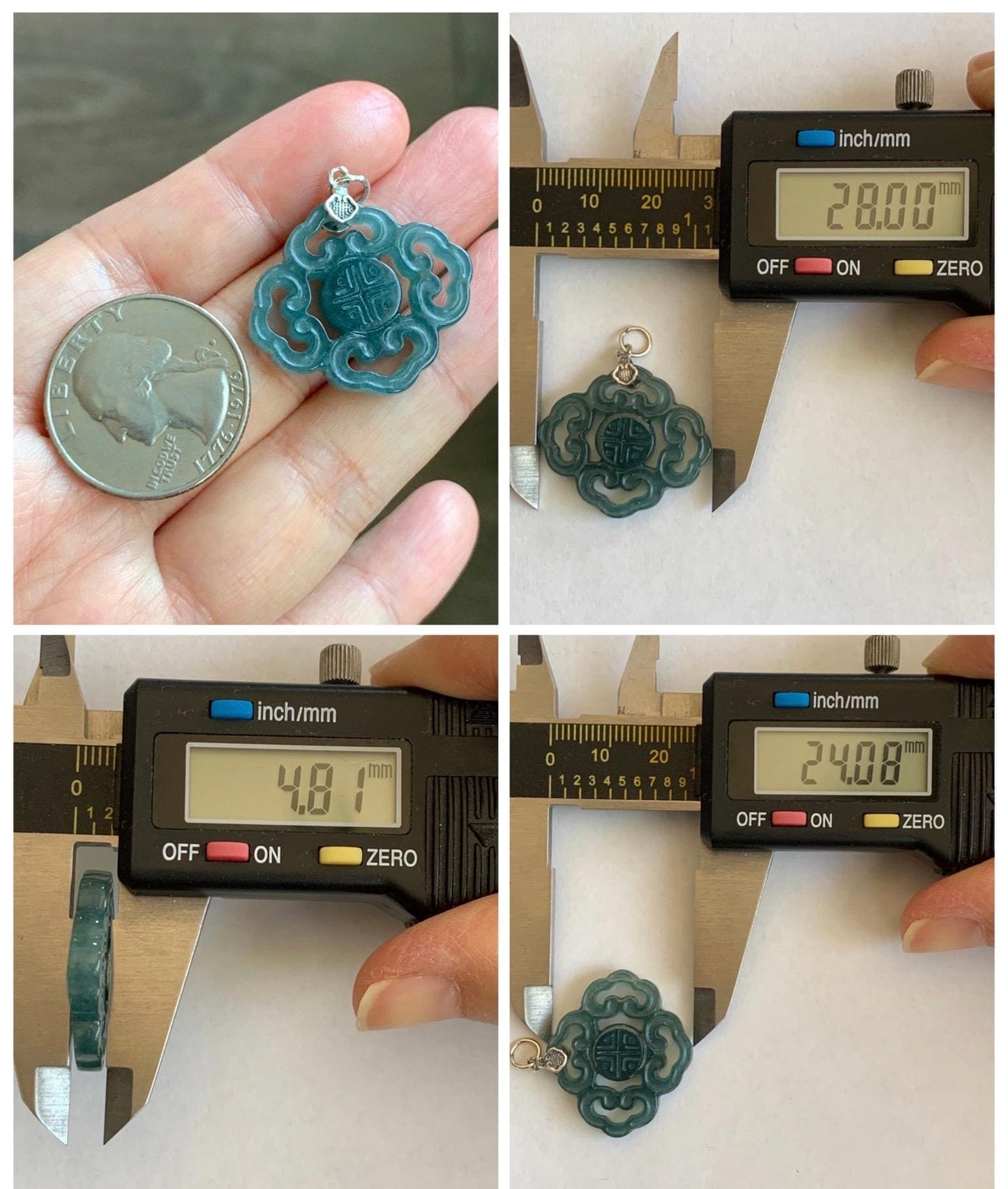 Natural Guatemalan Grade A Icy Translucent Dark Teal Blue Openwork Engraved Jade Jadeite Pendant Sterling Silver 4g 天然冰危深蓝翡翠镂空雕吊坠 WFG66B