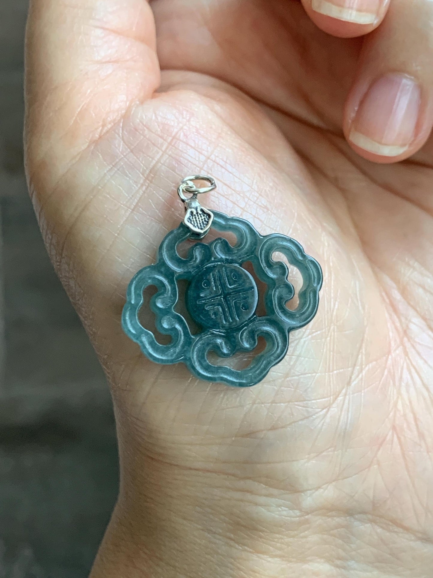 Natural Guatemalan Grade A Icy Translucent Dark Teal Blue Openwork Engraved Jade Jadeite Pendant Sterling Silver 4g 天然冰危深蓝翡翠镂空雕吊坠 WFG66B