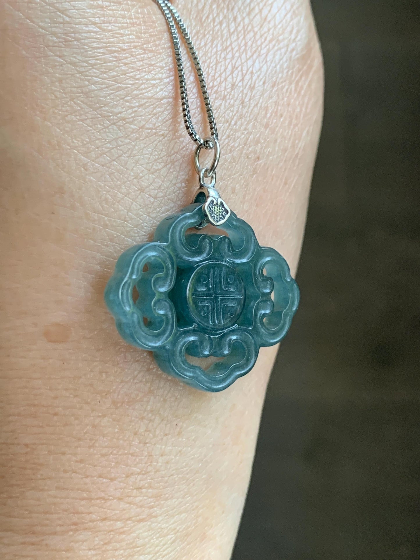 Natural Guatemalan Grade A Icy Translucent Dark Teal Blue Openwork Engraved Jade Jadeite Pendant Sterling Silver 4g 天然冰危深蓝翡翠镂空雕吊坠 WFG66B