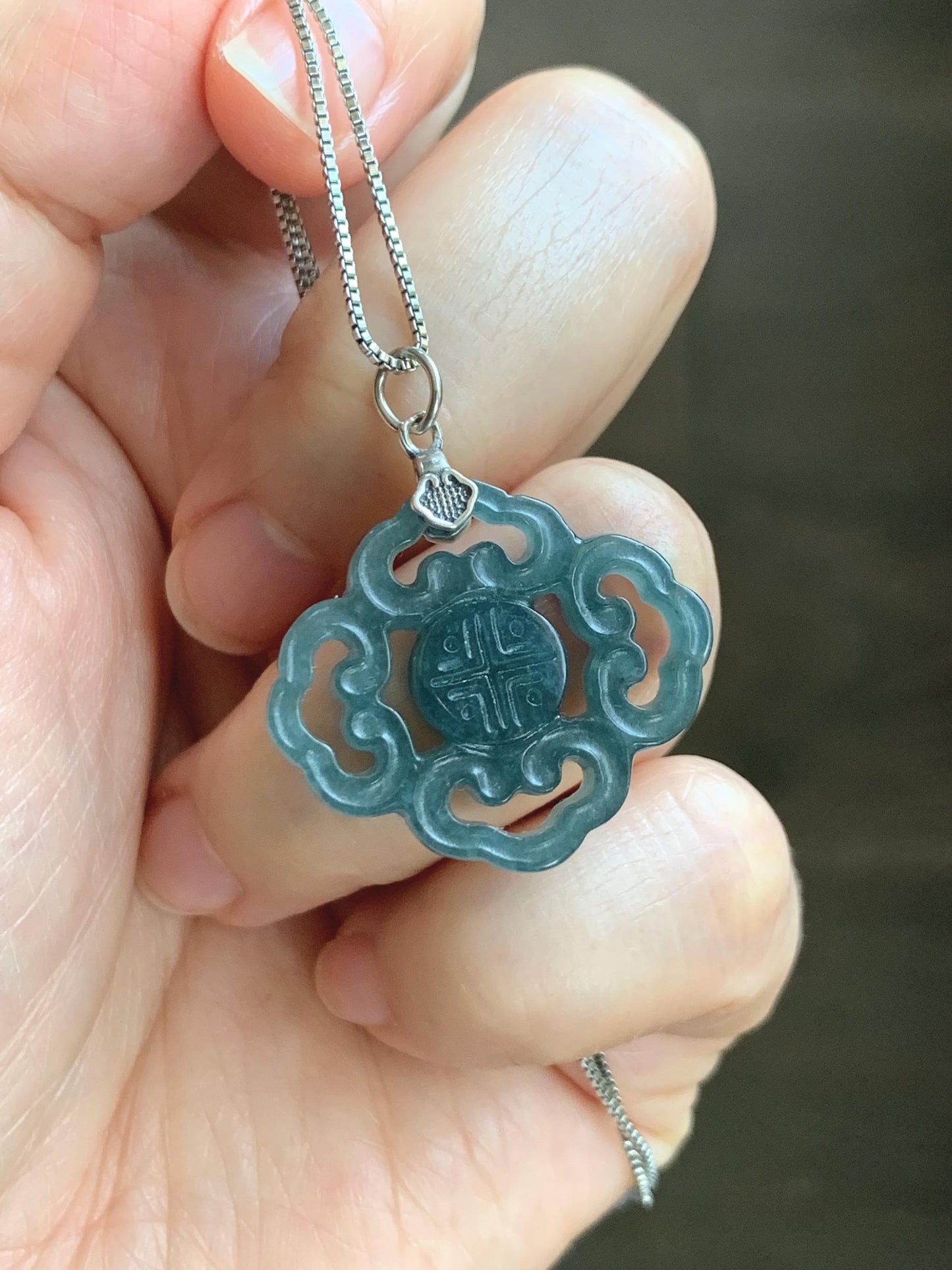 Natural Guatemalan Grade A Icy Translucent Dark Teal Blue Openwork Engraved Jade Jadeite Pendant Sterling Silver 4g 天然冰危深蓝翡翠镂空雕吊坠 WFG66B