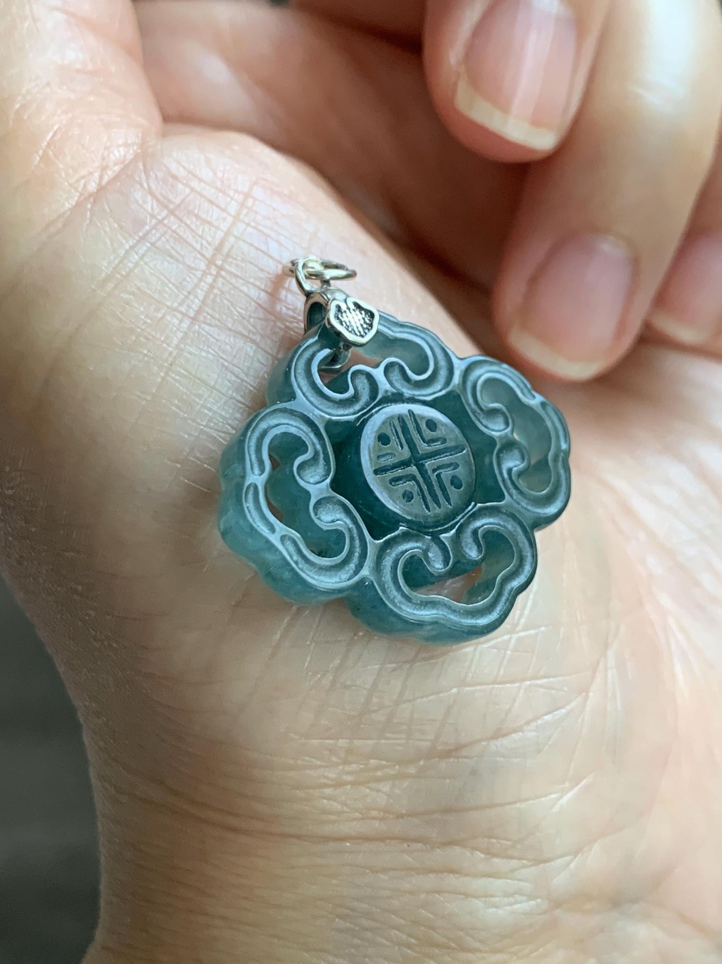 Natural Guatemalan Grade A Icy Translucent Dark Teal Blue Openwork Engraved Jade Jadeite Pendant Sterling Silver 4g 天然冰危深蓝翡翠镂空雕吊坠 WFG66B