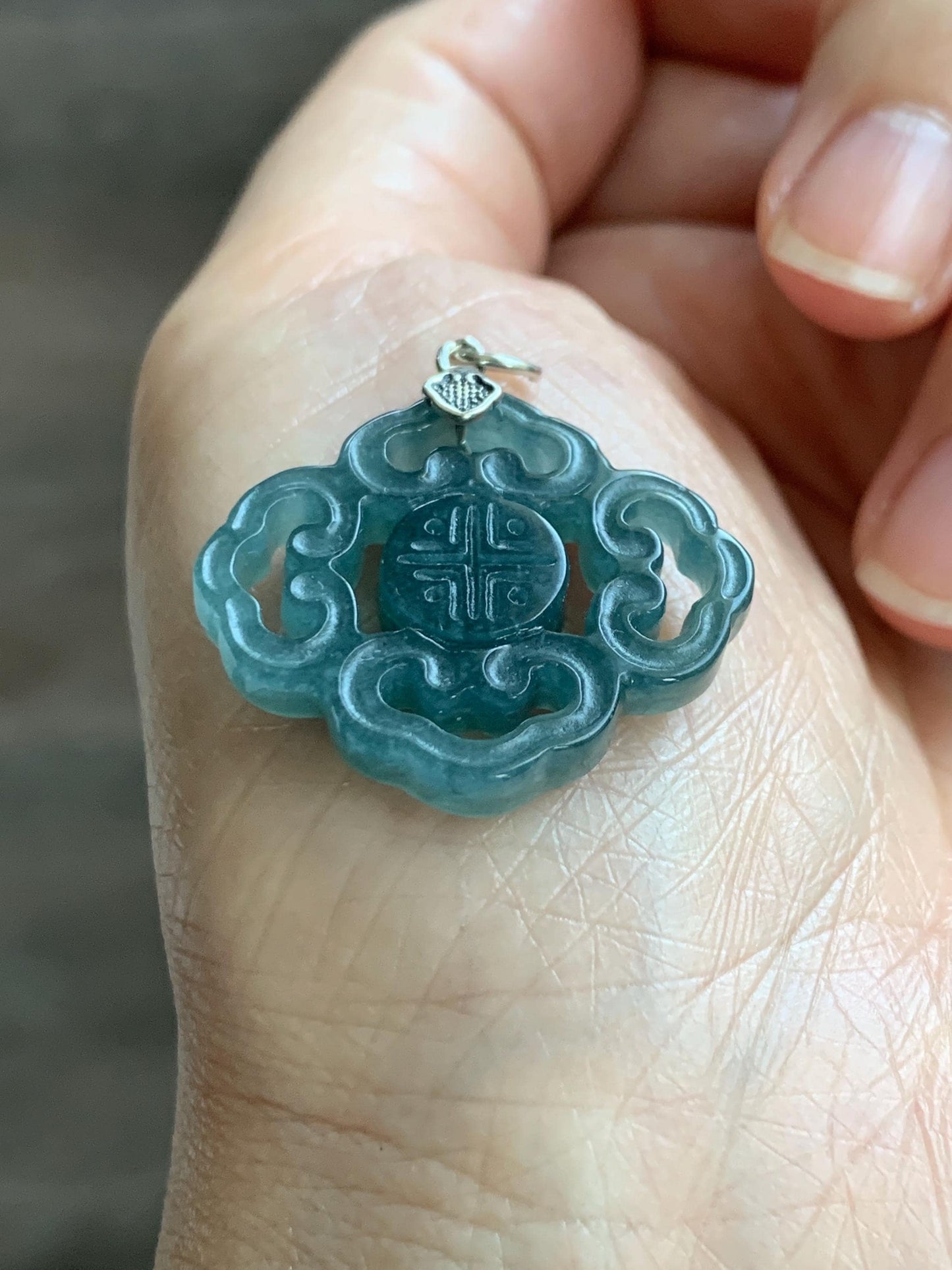 Natural Guatemalan Grade A Icy Translucent Dark Teal Blue Openwork Engraved Jade Jadeite Pendant Sterling Silver 4g 天然冰危深蓝翡翠镂空雕吊坠 WFG66B