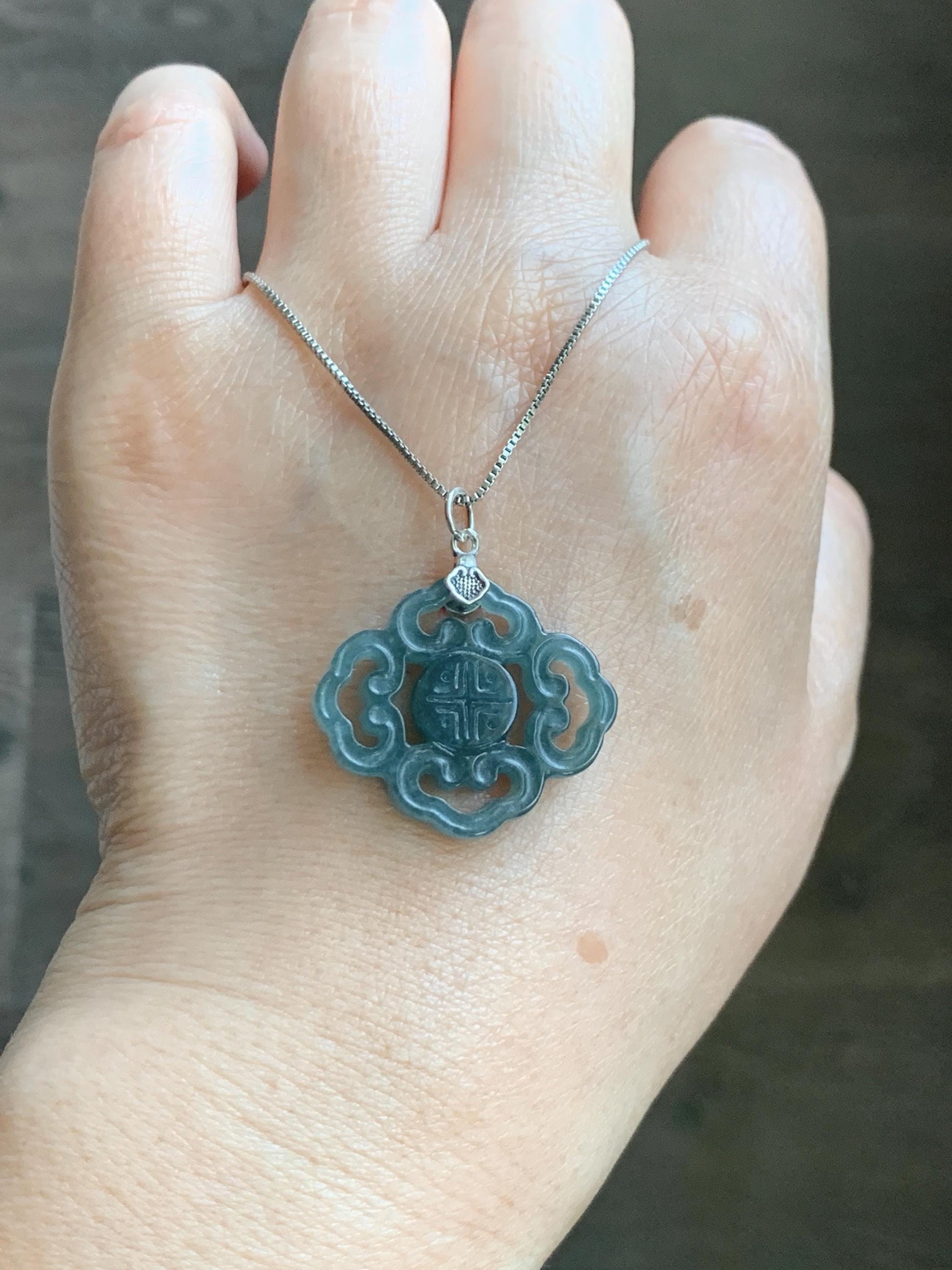 Natural Guatemalan Grade A Icy Translucent Dark Teal Blue Openwork Engraved Jade Jadeite Pendant Sterling Silver 4g 天然冰危深蓝翡翠镂空雕吊坠 WFG66B