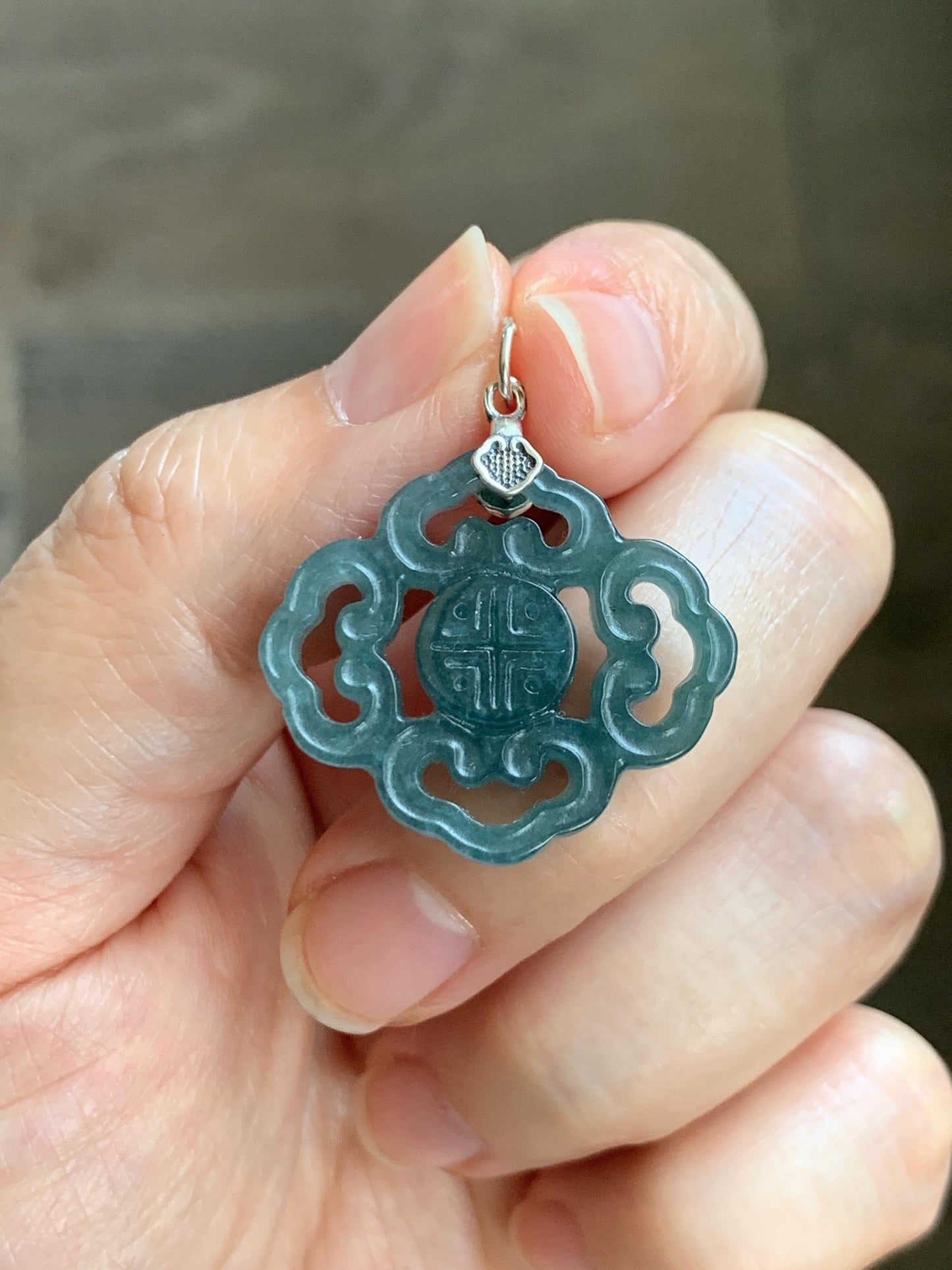 Natural Guatemalan Grade A Icy Translucent Dark Teal Blue Openwork Engraved Jade Jadeite Pendant Sterling Silver 4g 天然冰危深蓝翡翠镂空雕吊坠 WFG66B