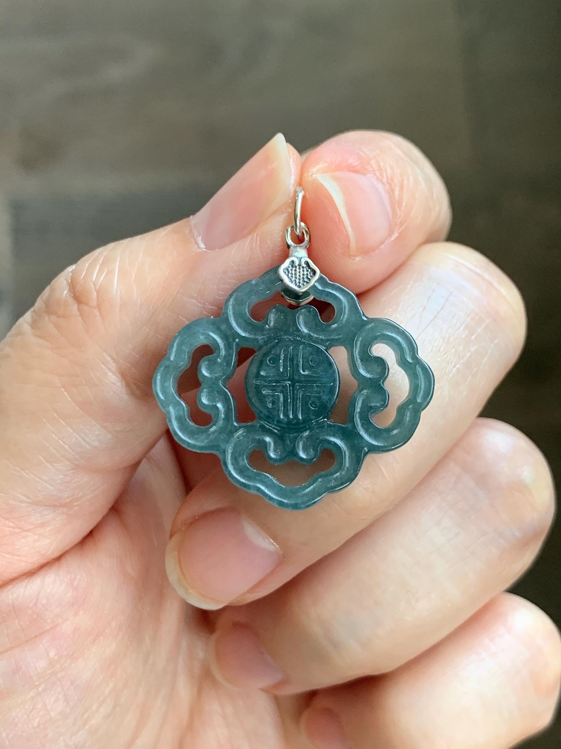 Natural Guatemalan Grade A Icy Translucent Dark Teal Blue Openwork Engraved Jade Jadeite Pendant Sterling Silver 4g 天然冰危深蓝翡翠镂空雕吊坠 WFG66B